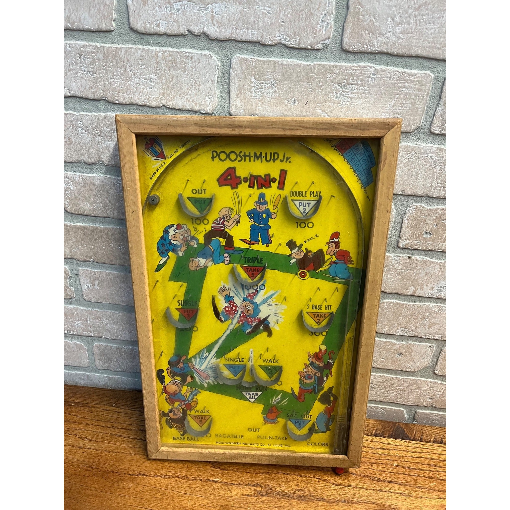 Vintage 1930s Baseball Poosh-M-Up Marble Pinball Table Top Game Wood Frame