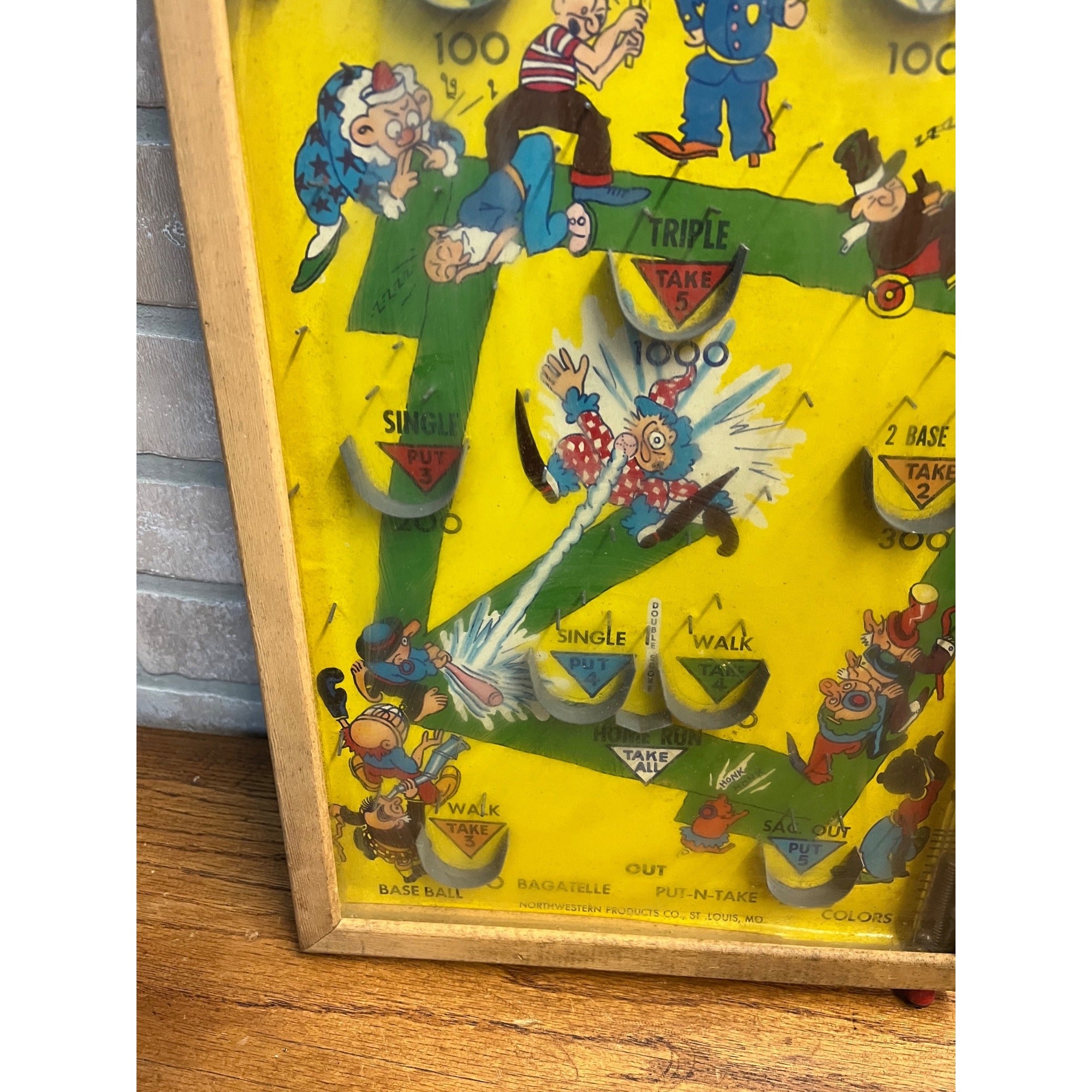 Vintage 1930s Baseball Poosh-M-Up Marble Pinball Table Top Game Wood Frame