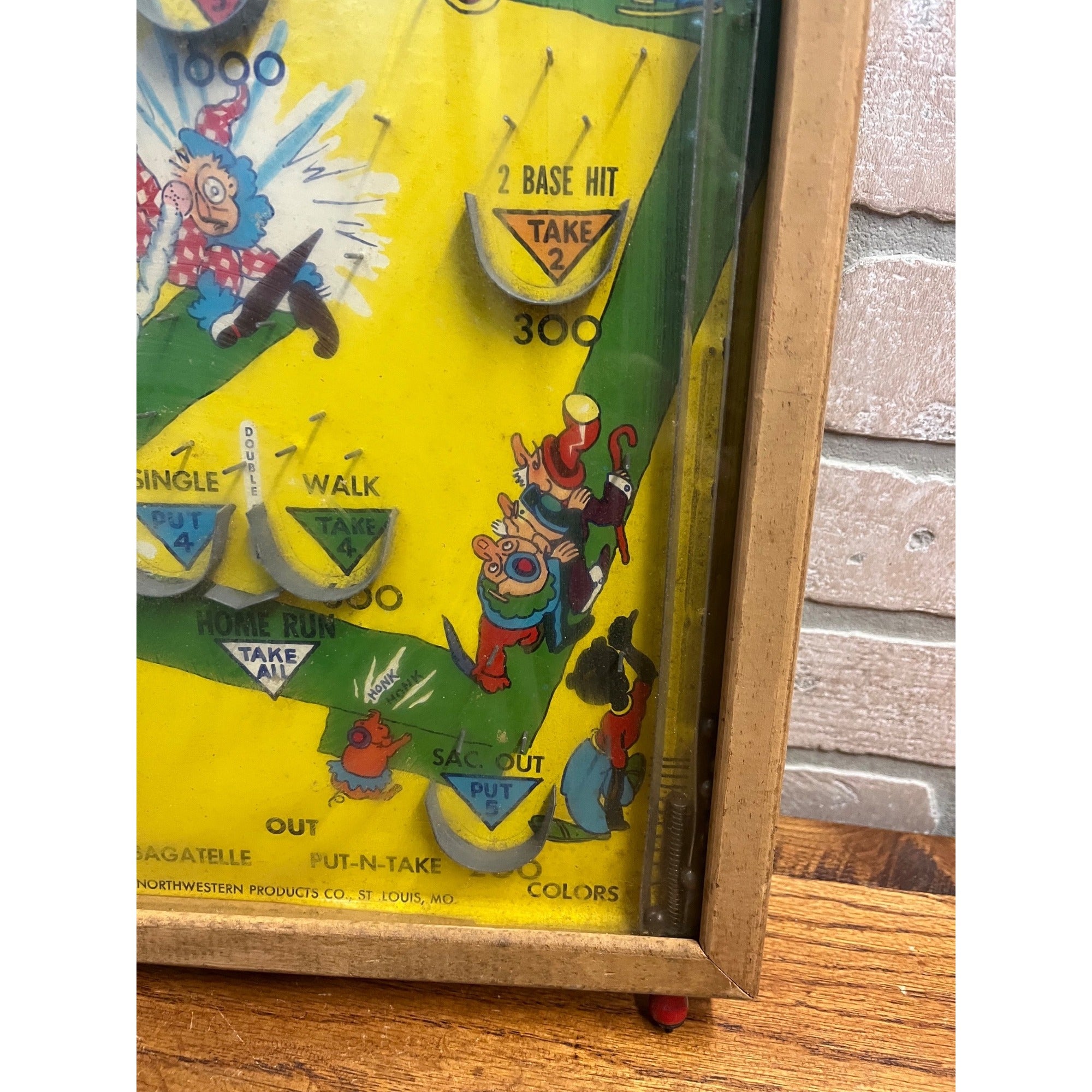 Vintage 1930s Baseball Poosh-M-Up Marble Pinball Table Top Game Wood Frame