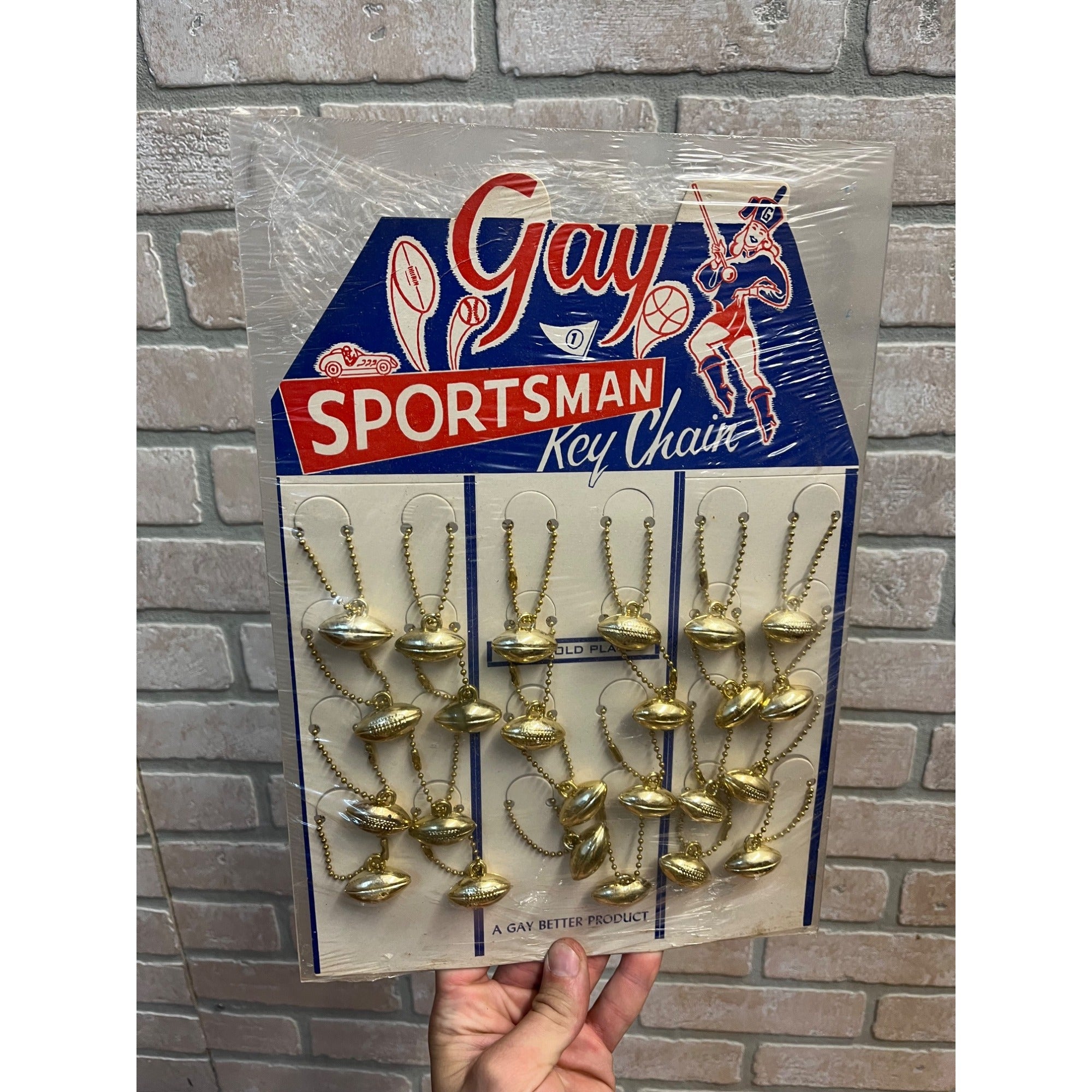 Vintage Gay Sportsman Football Key Chain Store Display Sign 24k Gold Plated