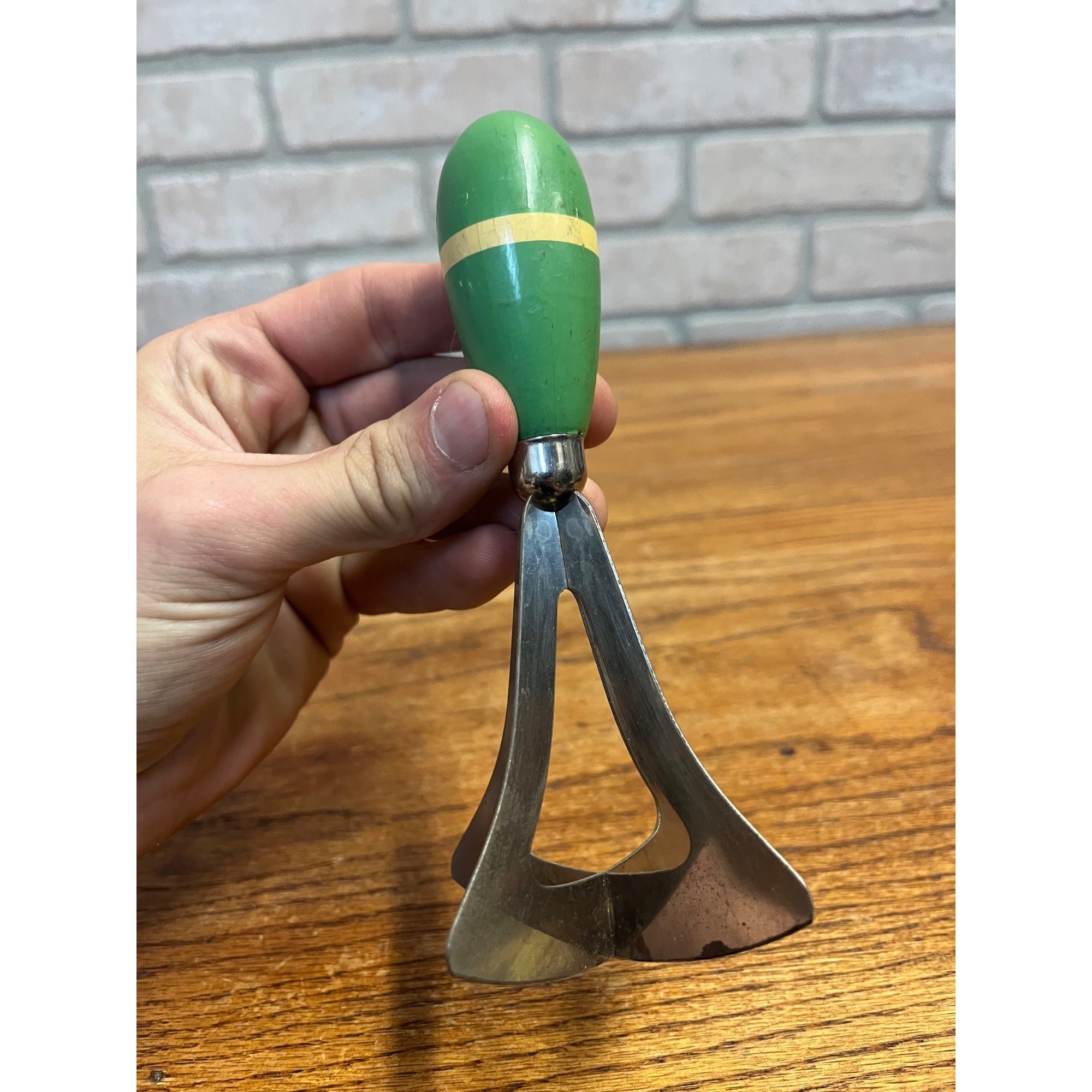 Vintage Handheld Kitchen Chopper With Painted Green and Cream Handle Primitive Kitchen Decor