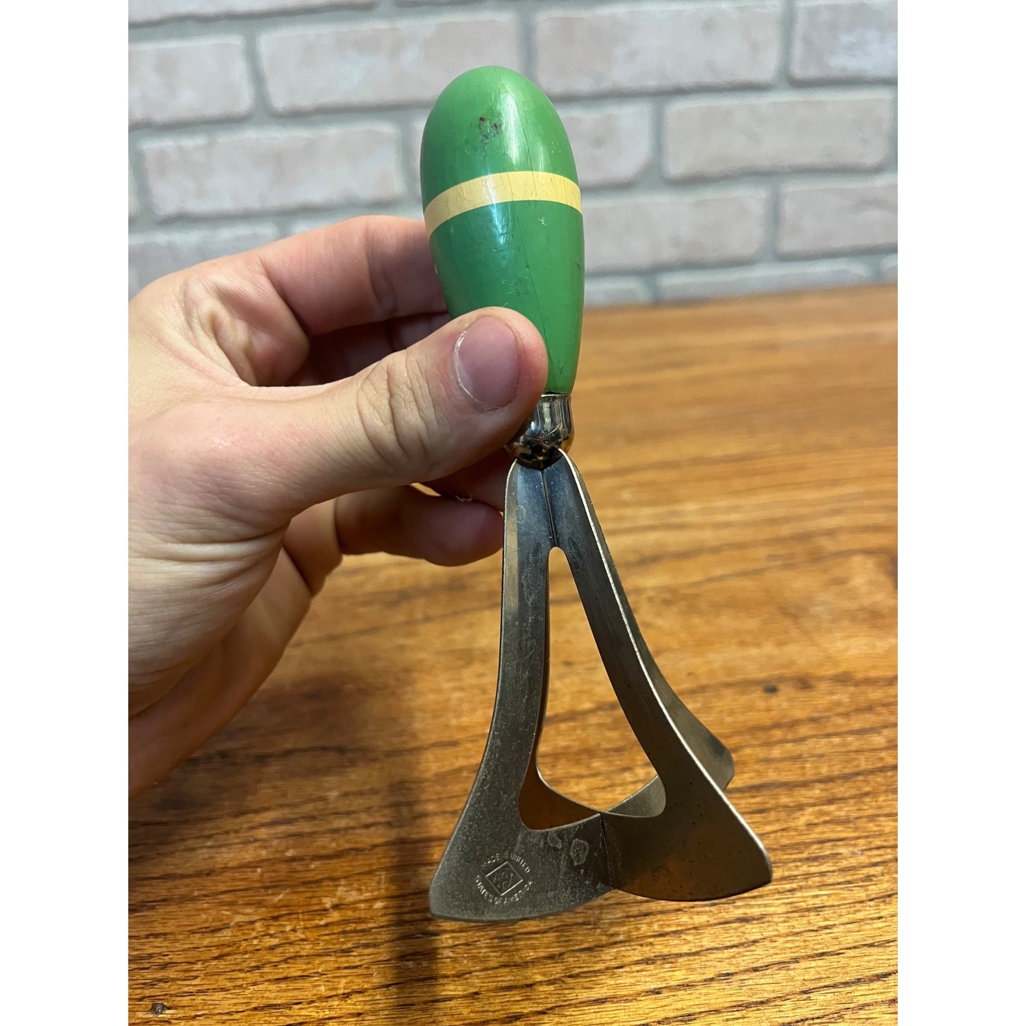 Vintage Handheld Kitchen Chopper With Painted Green and Cream Handle Primitive Kitchen Decor