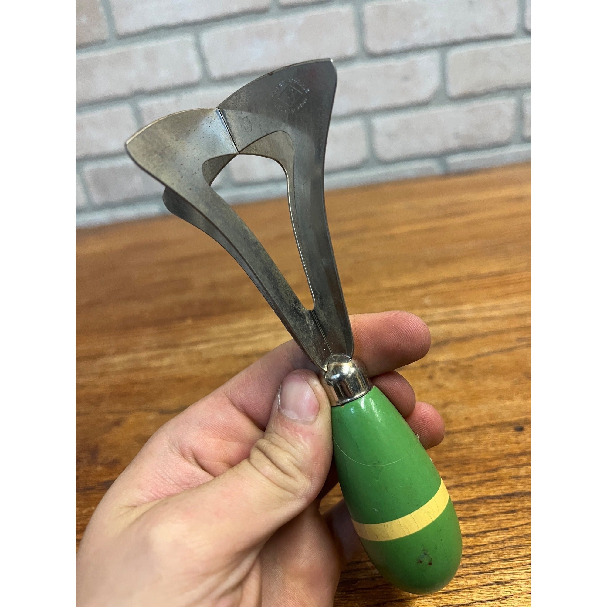 Vintage Handheld Kitchen Chopper With Painted Green and Cream Handle Primitive Kitchen Decor