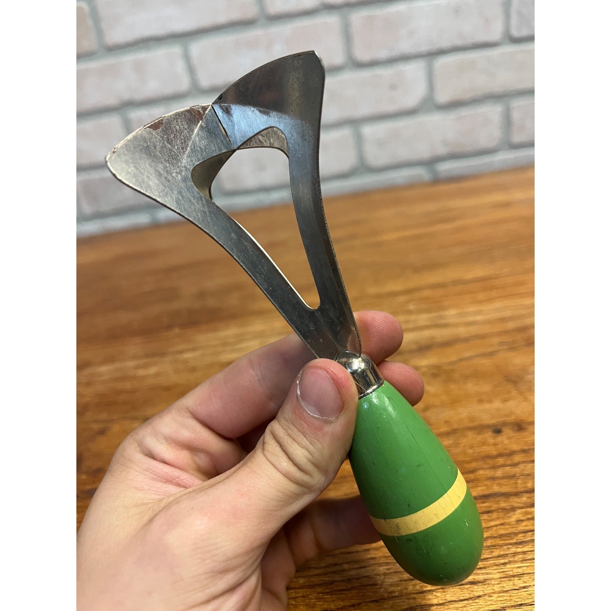 Vintage Handheld Kitchen Chopper With Painted Green and Cream Handle Primitive Kitchen Decor