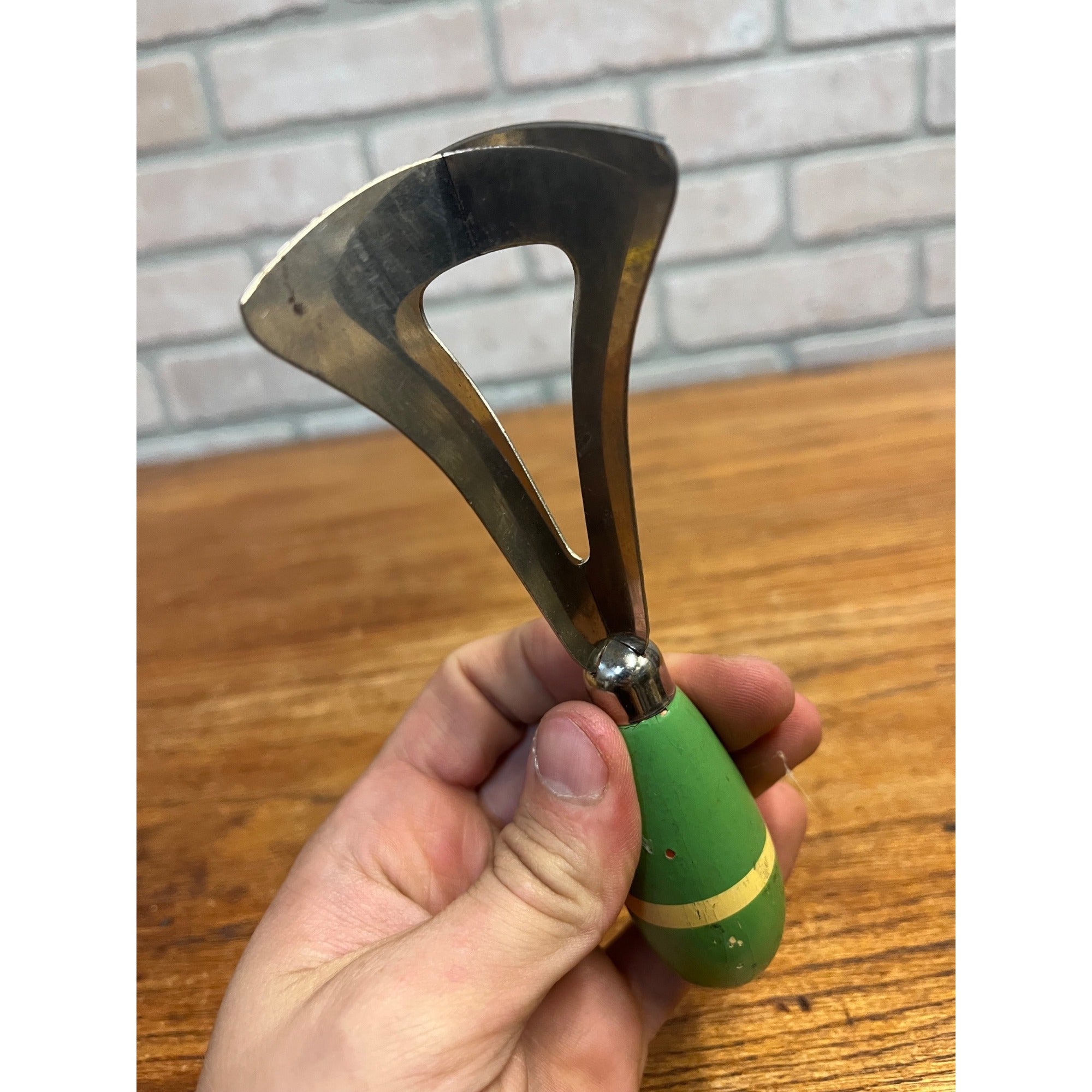 Vintage Handheld Kitchen Chopper With Painted Green and Cream Handle Primitive Kitchen Decor