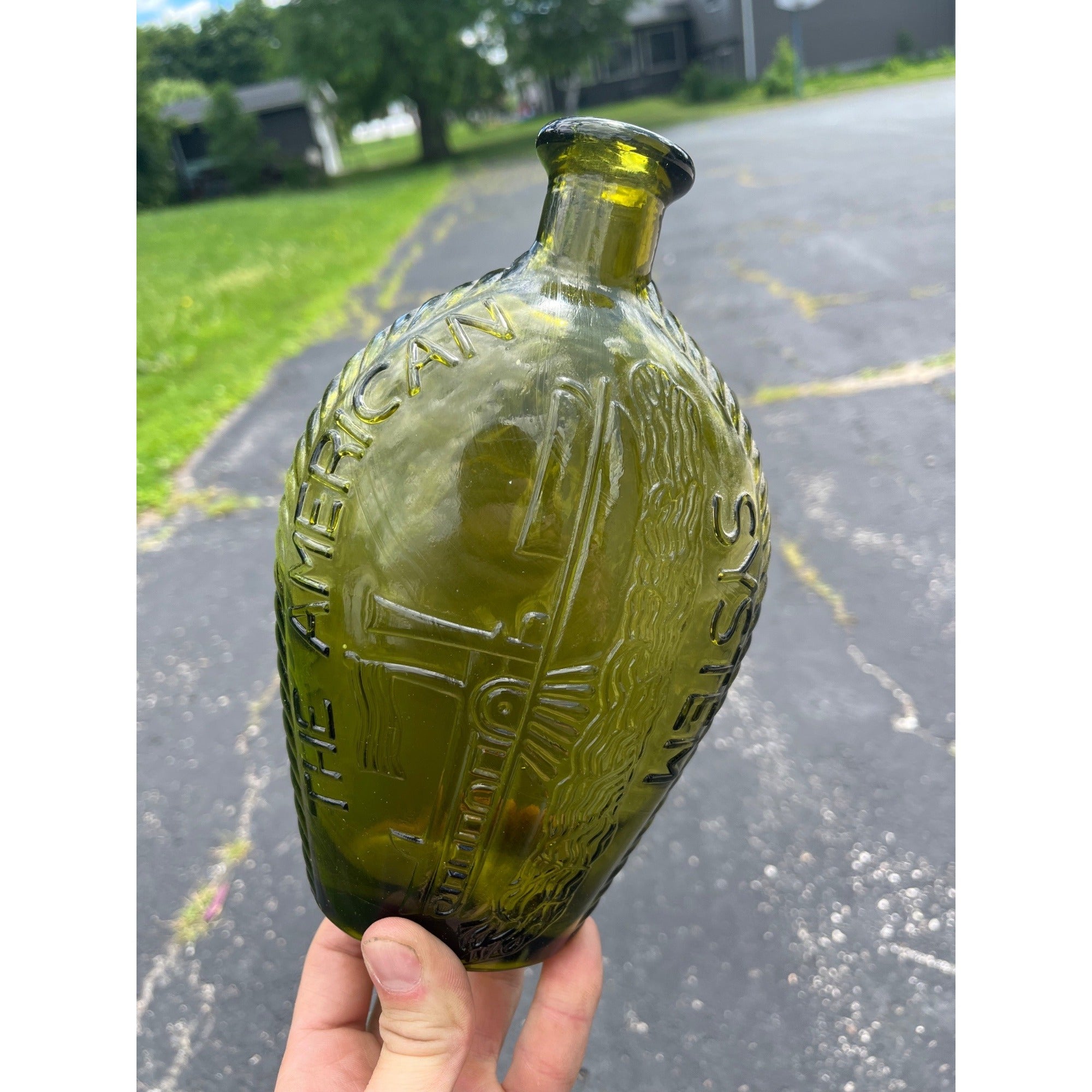 Vintage 1960s "American System" Embossed Olive Green Glass Flask Bottle Repro