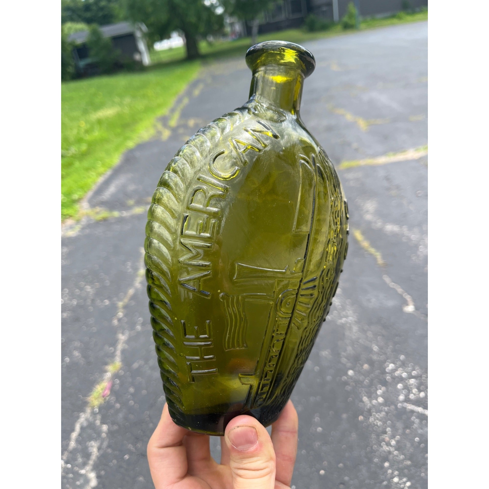 Vintage 1960s "American System" Embossed Olive Green Glass Flask Bottle Repro