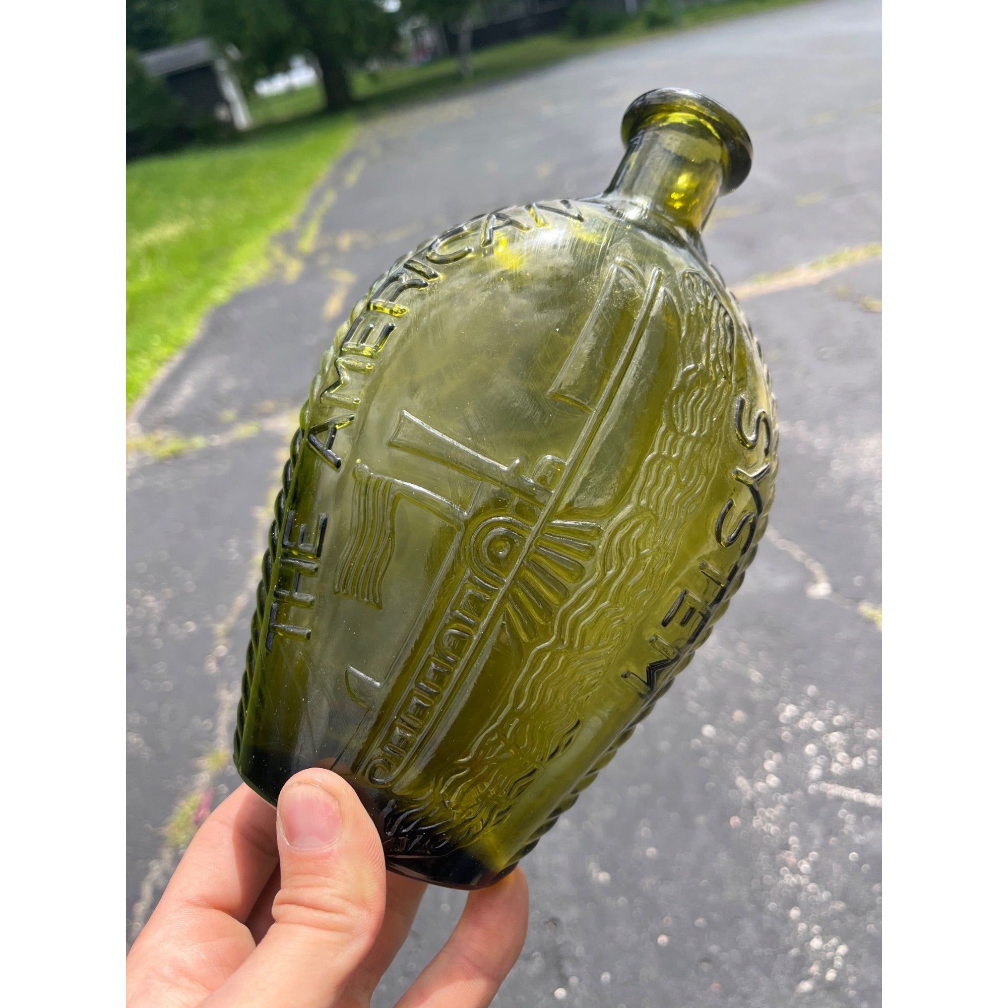 Vintage 1960s "American System" Embossed Olive Green Glass Flask Bottle Repro
