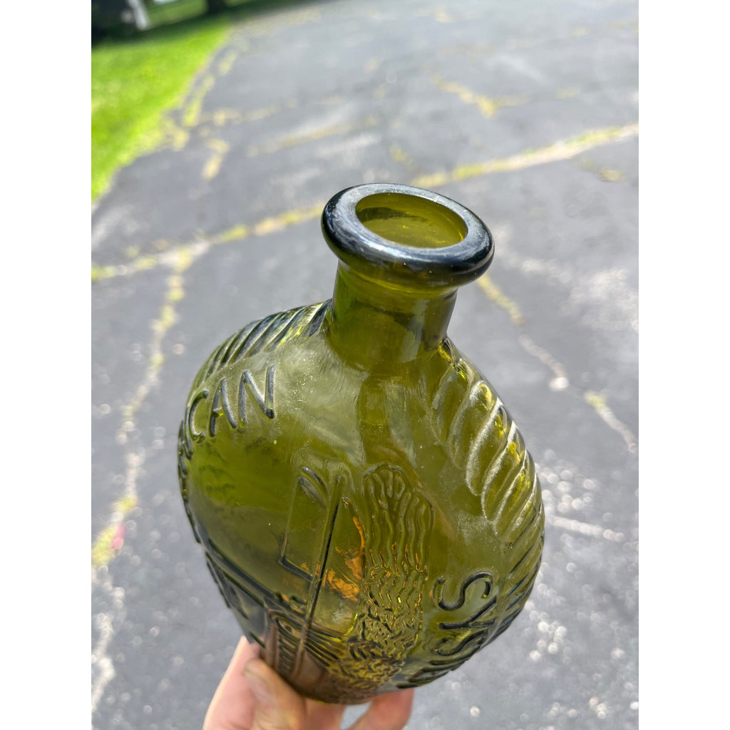 Vintage 1960s "American System" Embossed Olive Green Glass Flask Bottle Repro