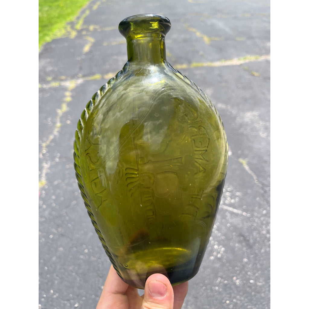 Vintage 1960s "American System" Embossed Olive Green Glass Flask Bottle Repro