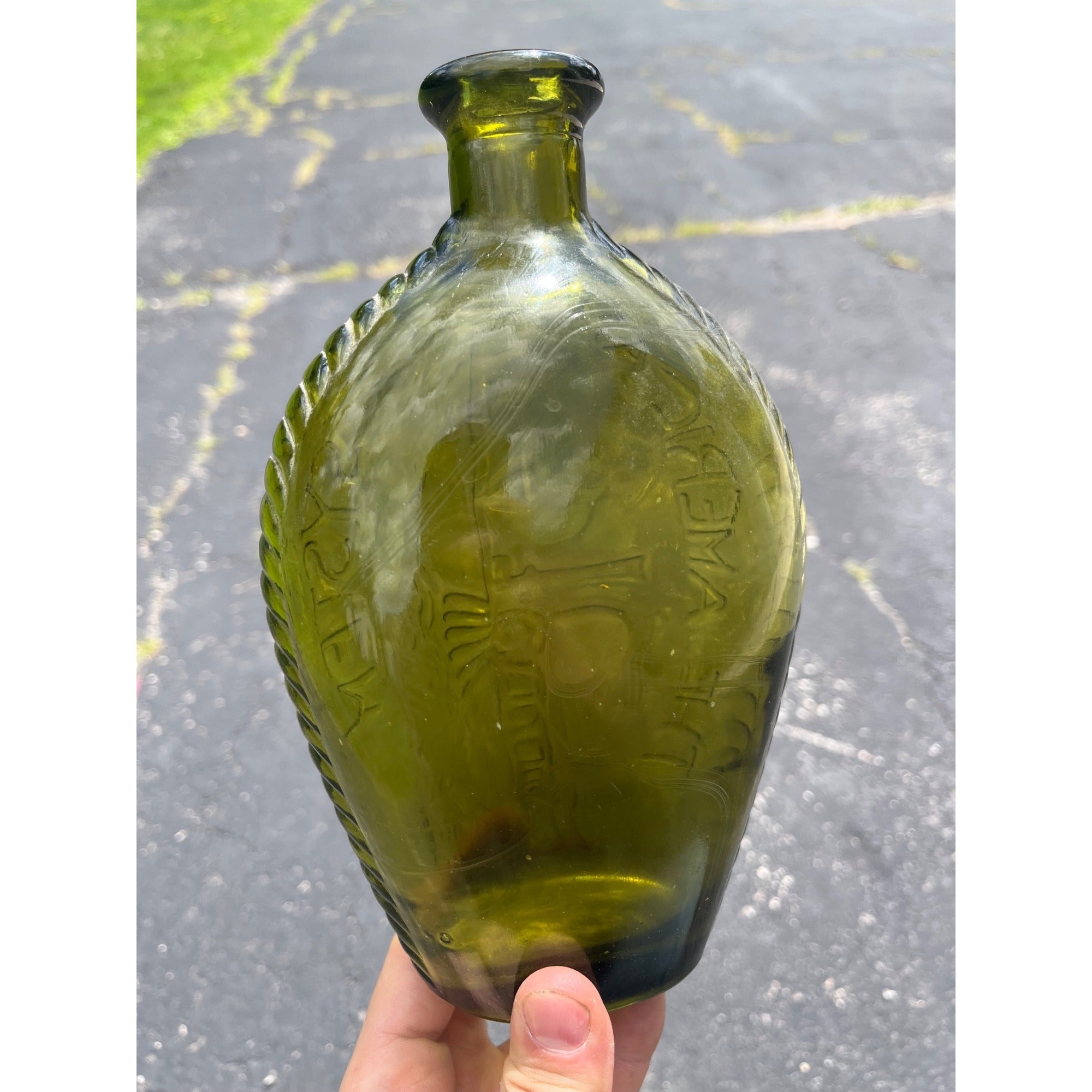 Vintage 1960s "American System" Embossed Olive Green Glass Flask Bottle Repro