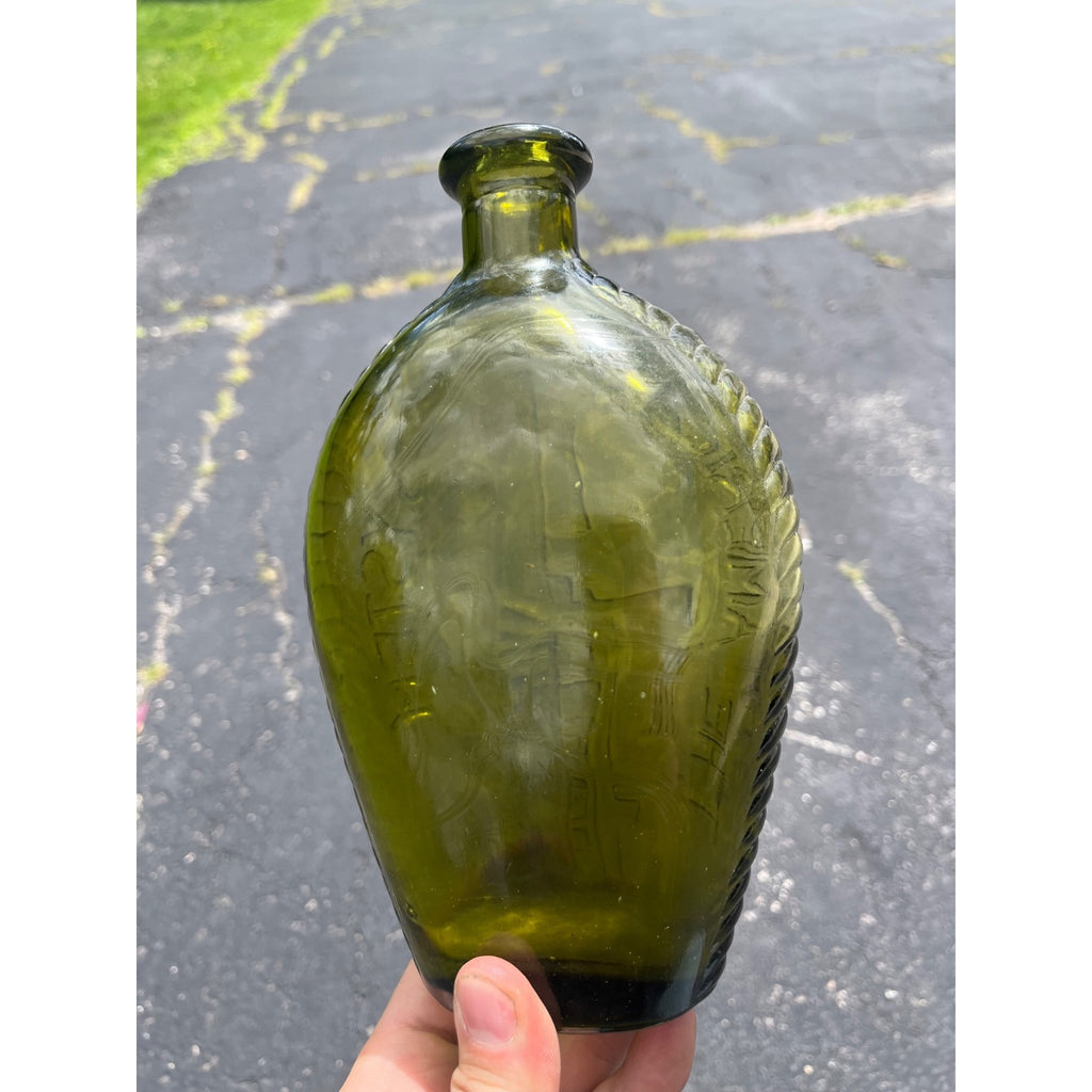 Vintage 1960s "American System" Embossed Olive Green Glass Flask Bottle Repro
