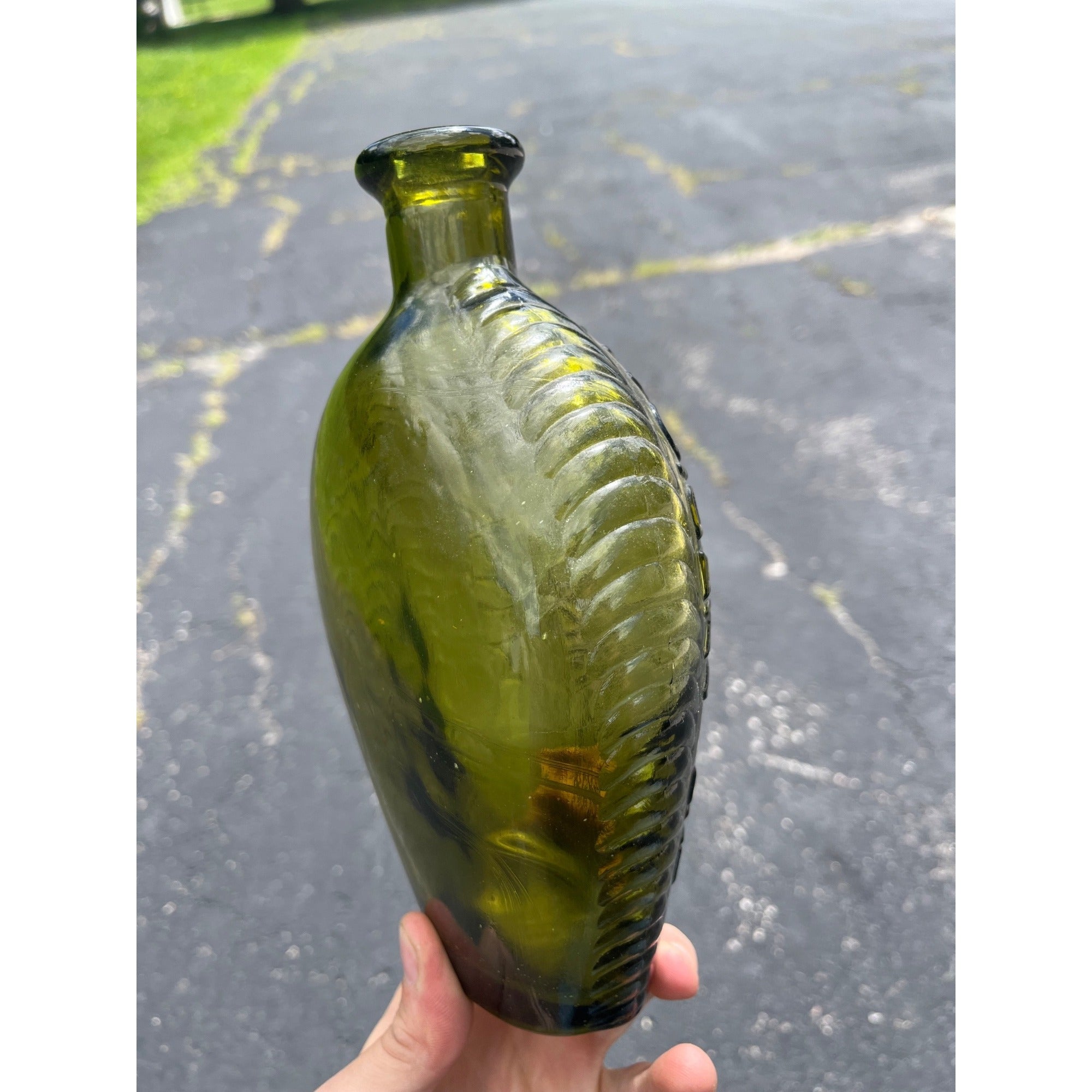 Vintage 1960s "American System" Embossed Olive Green Glass Flask Bottle Repro