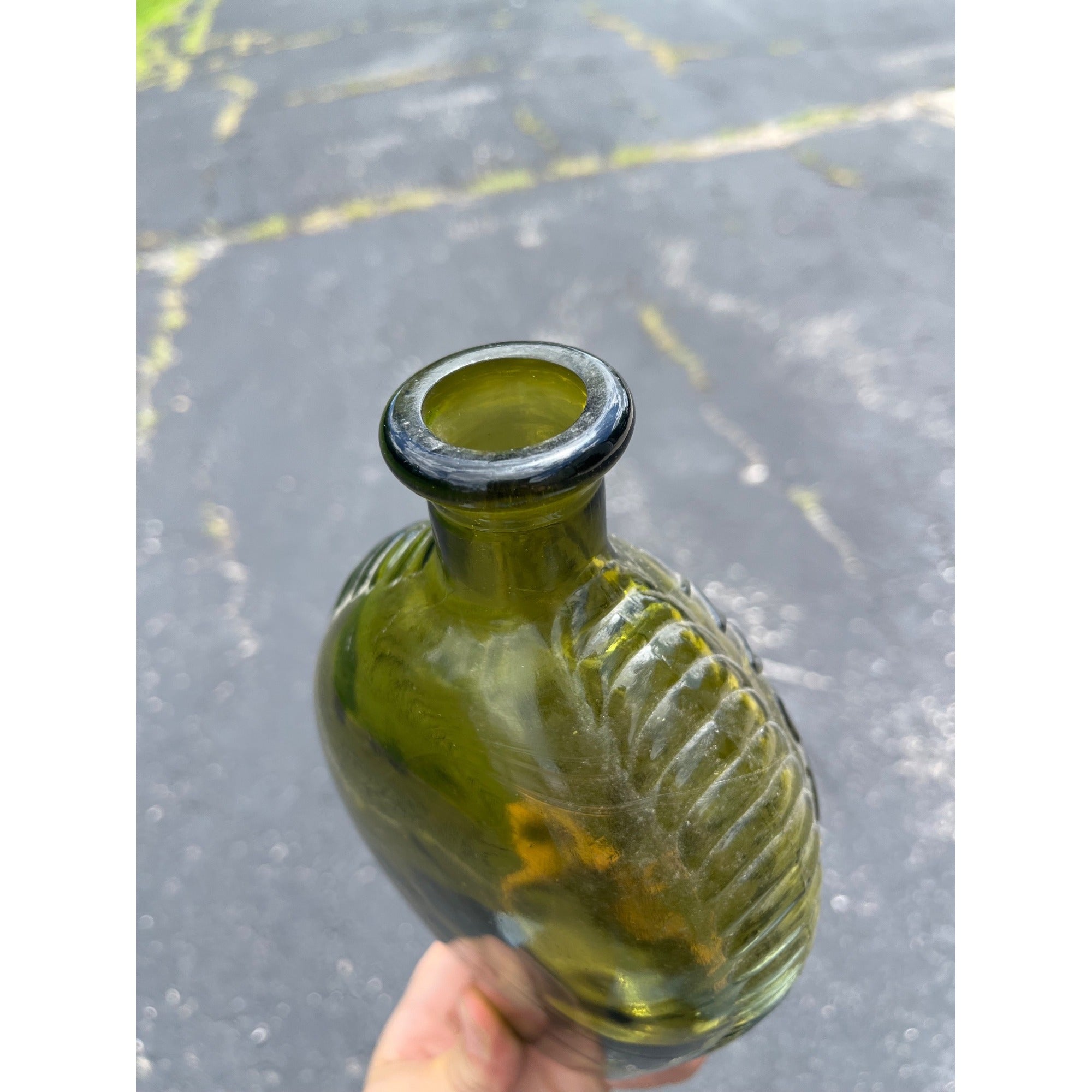 Vintage 1960s "American System" Embossed Olive Green Glass Flask Bottle Repro