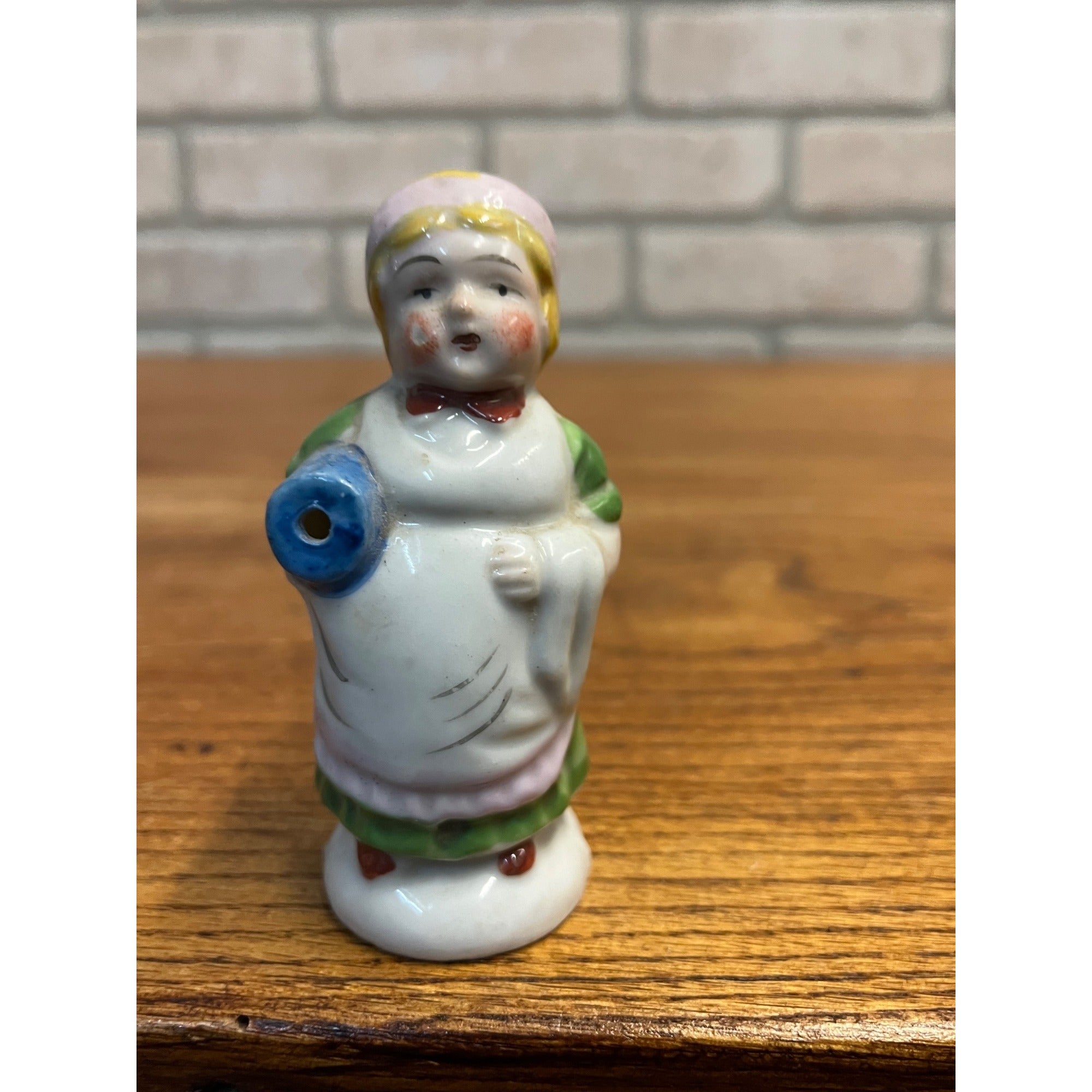 Vintage 1950s Pie Bird Vent Whistle Porcelain Woman Figure w/ Blue Jar - Japan