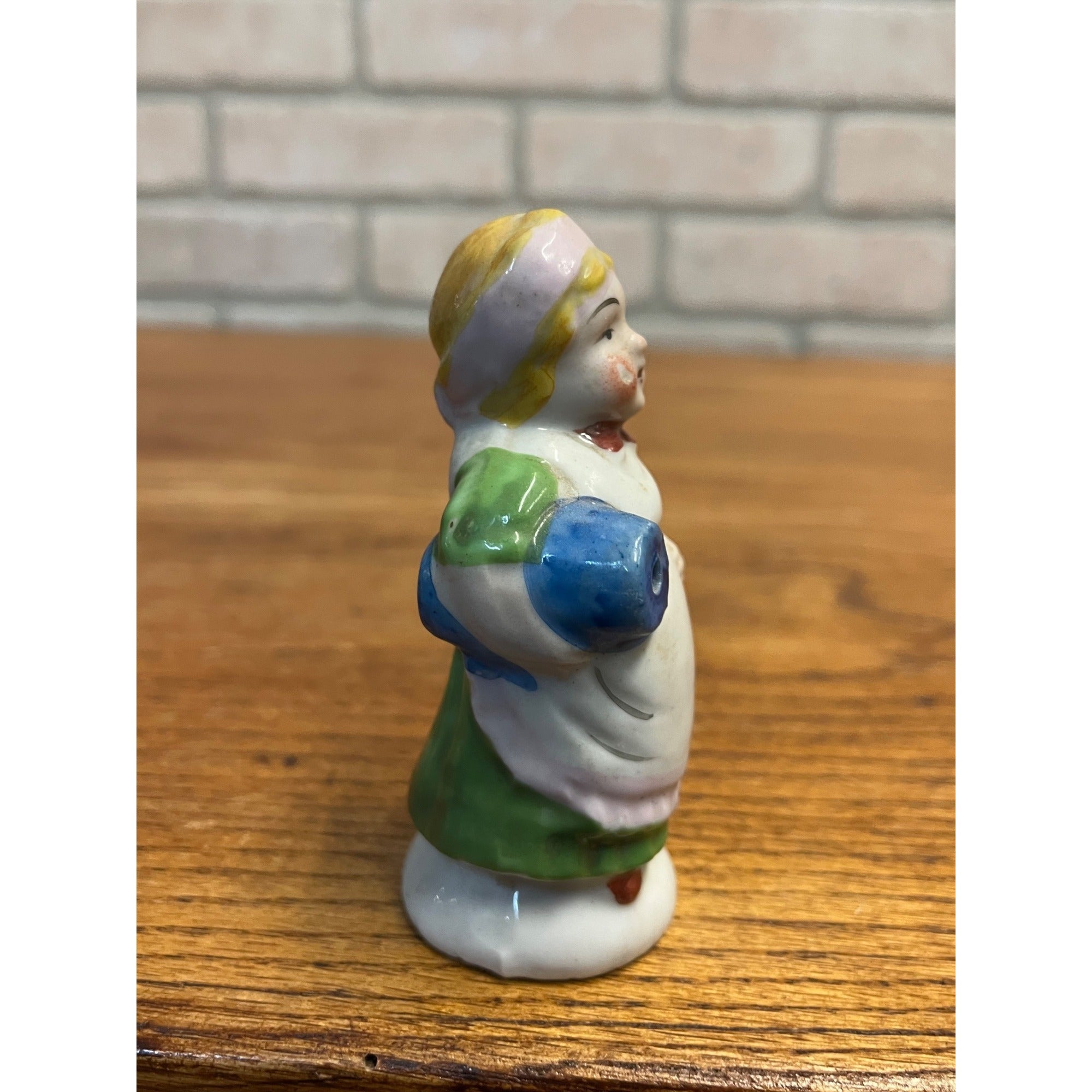 Vintage 1950s Pie Bird Vent Whistle Porcelain Woman Figure w/ Blue Jar - Japan