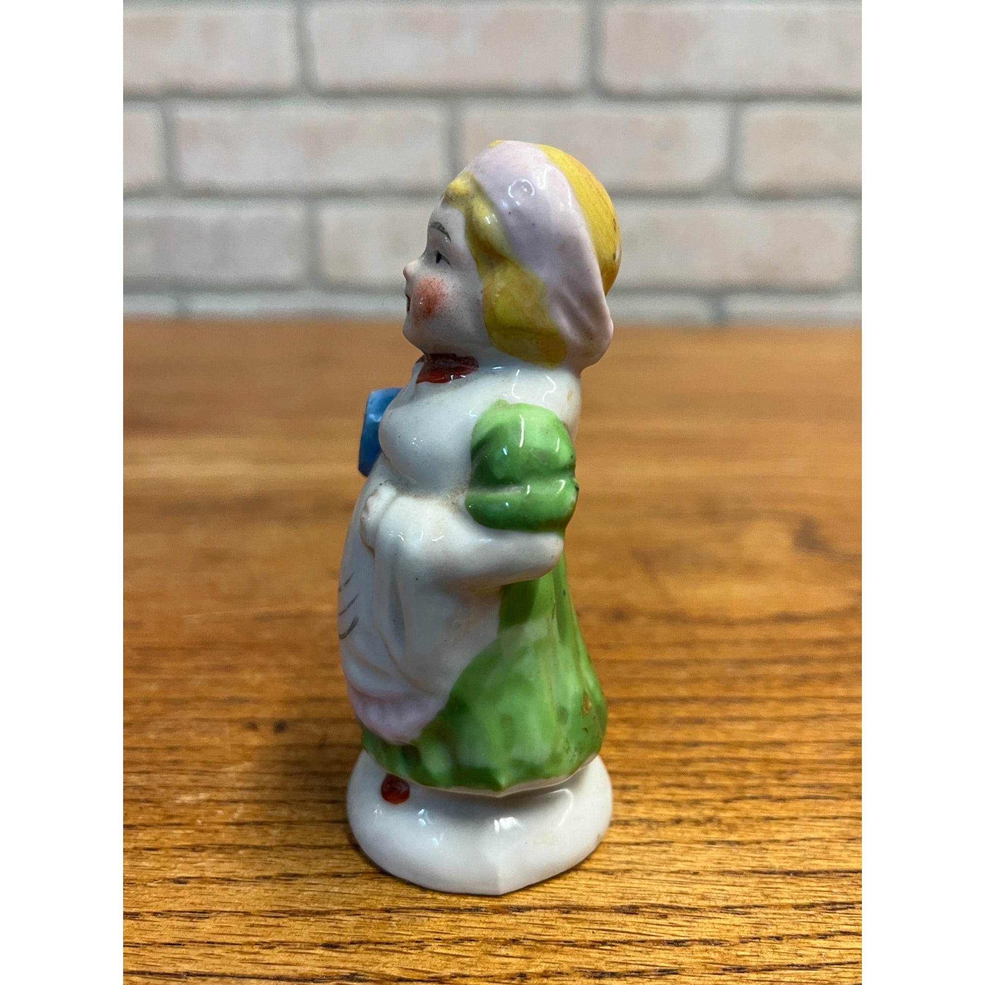 Vintage 1950s Pie Bird Vent Whistle Porcelain Woman Figure w/ Blue Jar - Japan