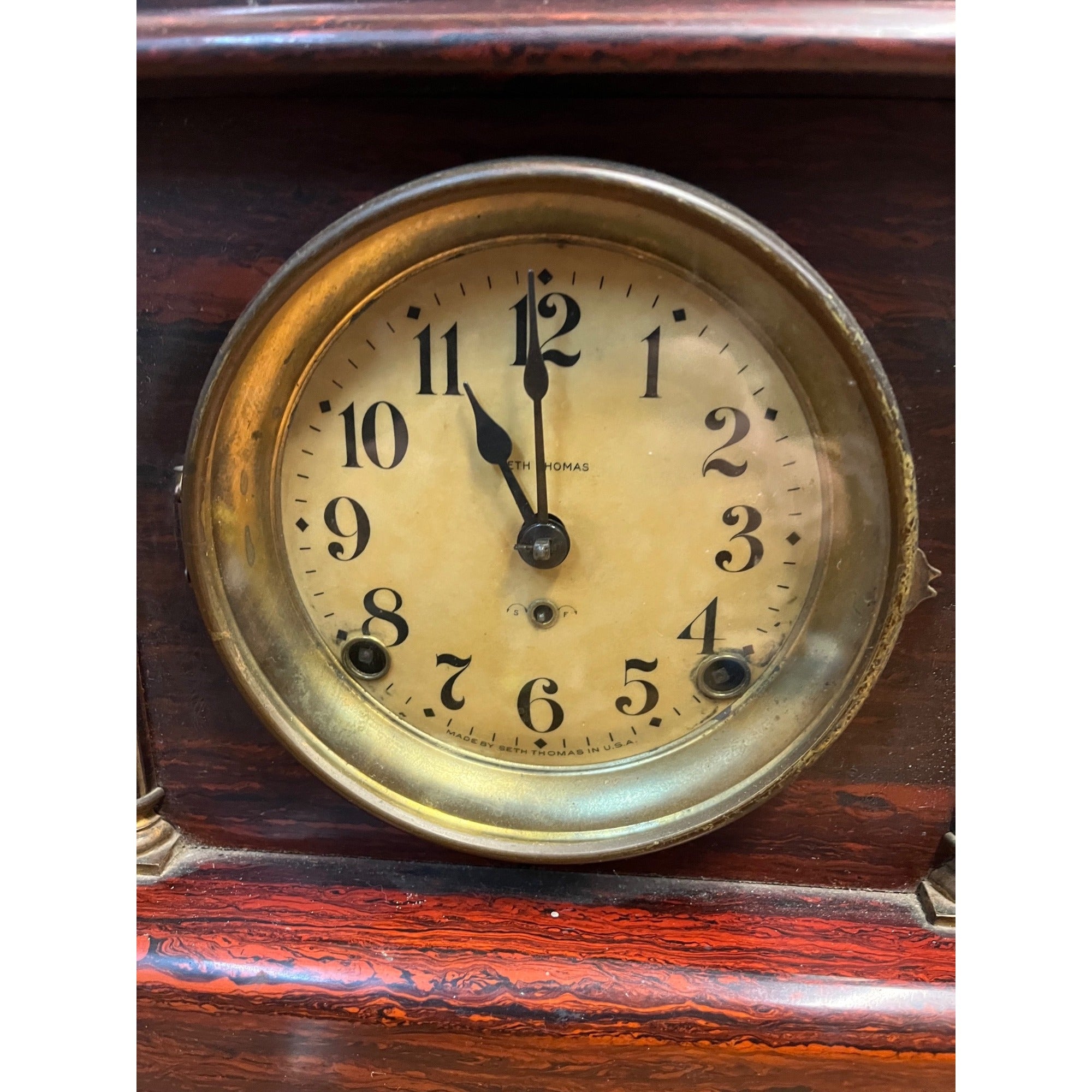 Antique Vintage Seth Thomas Mantle Clock With Lion Head Handles + Key