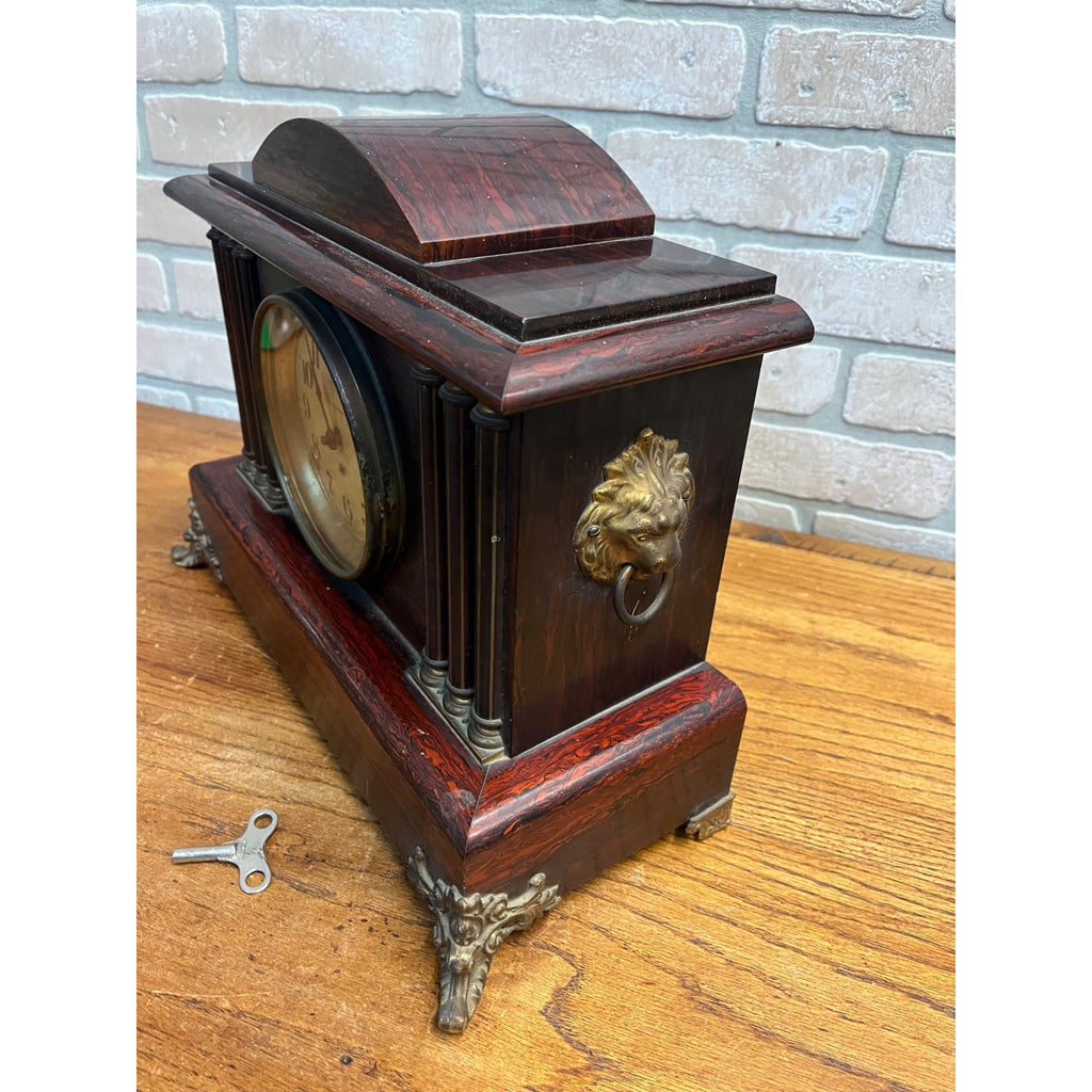 Antique Vintage Seth Thomas Mantle Clock With Lion Head Handles + Key