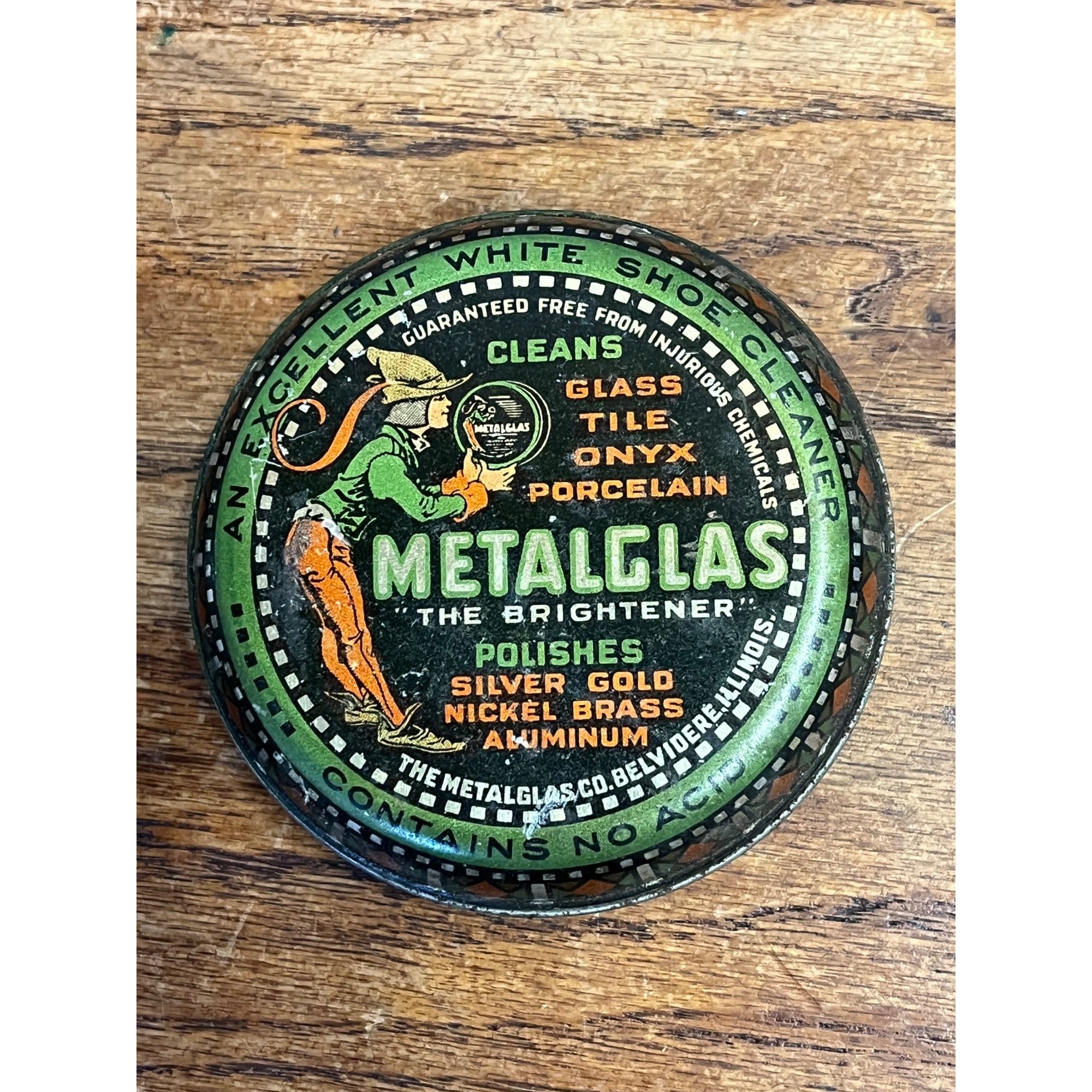 Antique Metalglas Glass Tile Gold Polish Cleaner Tin Litho Can Belvidere IL