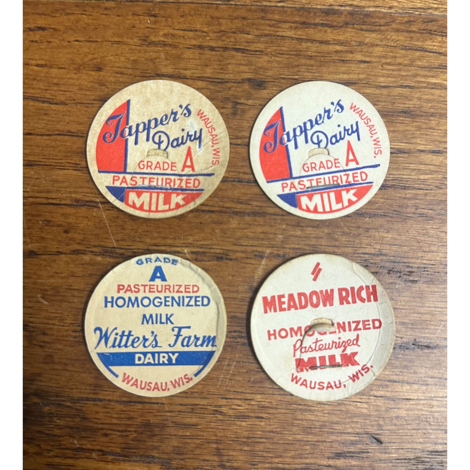 Vintage Lot (4) Wausau Wisconsin Milk Bottle Caps Covers Dairy Tappers Witters ++