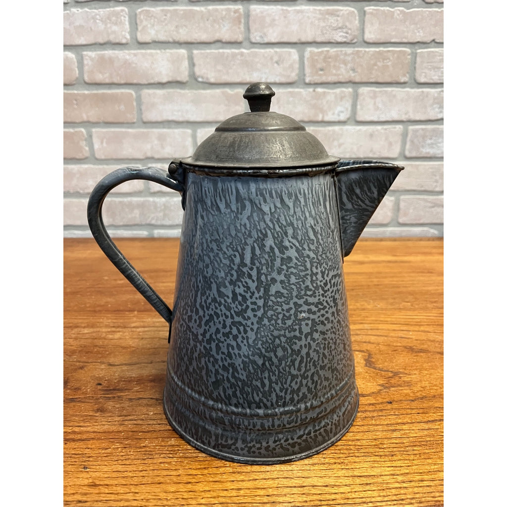 Antique Primitive Gray Enamelware Graniteware Grey Coffee Pot Lidded Farmhouse Kitchen Decor