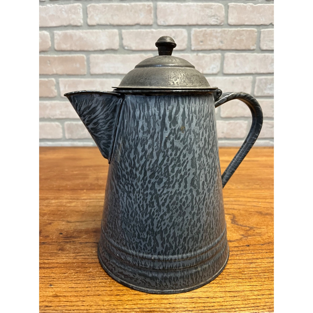 Antique Primitive Gray Enamelware Graniteware Grey Coffee Pot Lidded Farmhouse Kitchen Decor