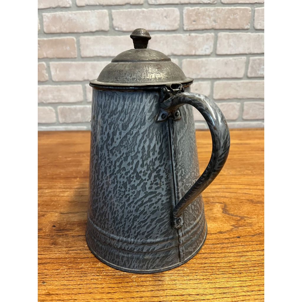 Antique Primitive Gray Enamelware Graniteware Grey Coffee Pot Lidded Farmhouse Kitchen Decor
