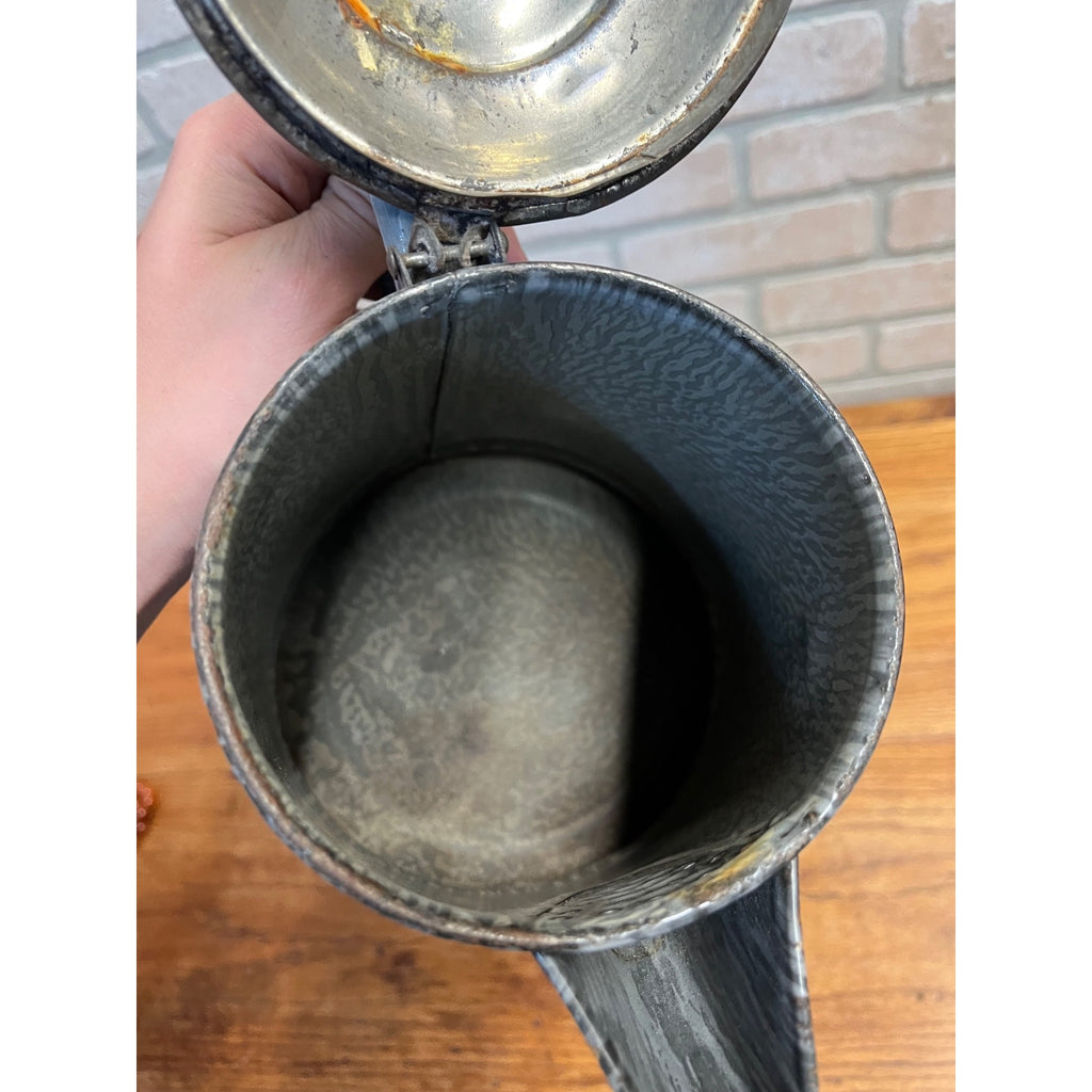 Antique Primitive Gray Enamelware Graniteware Grey Coffee Pot Lidded Farmhouse Kitchen Decor
