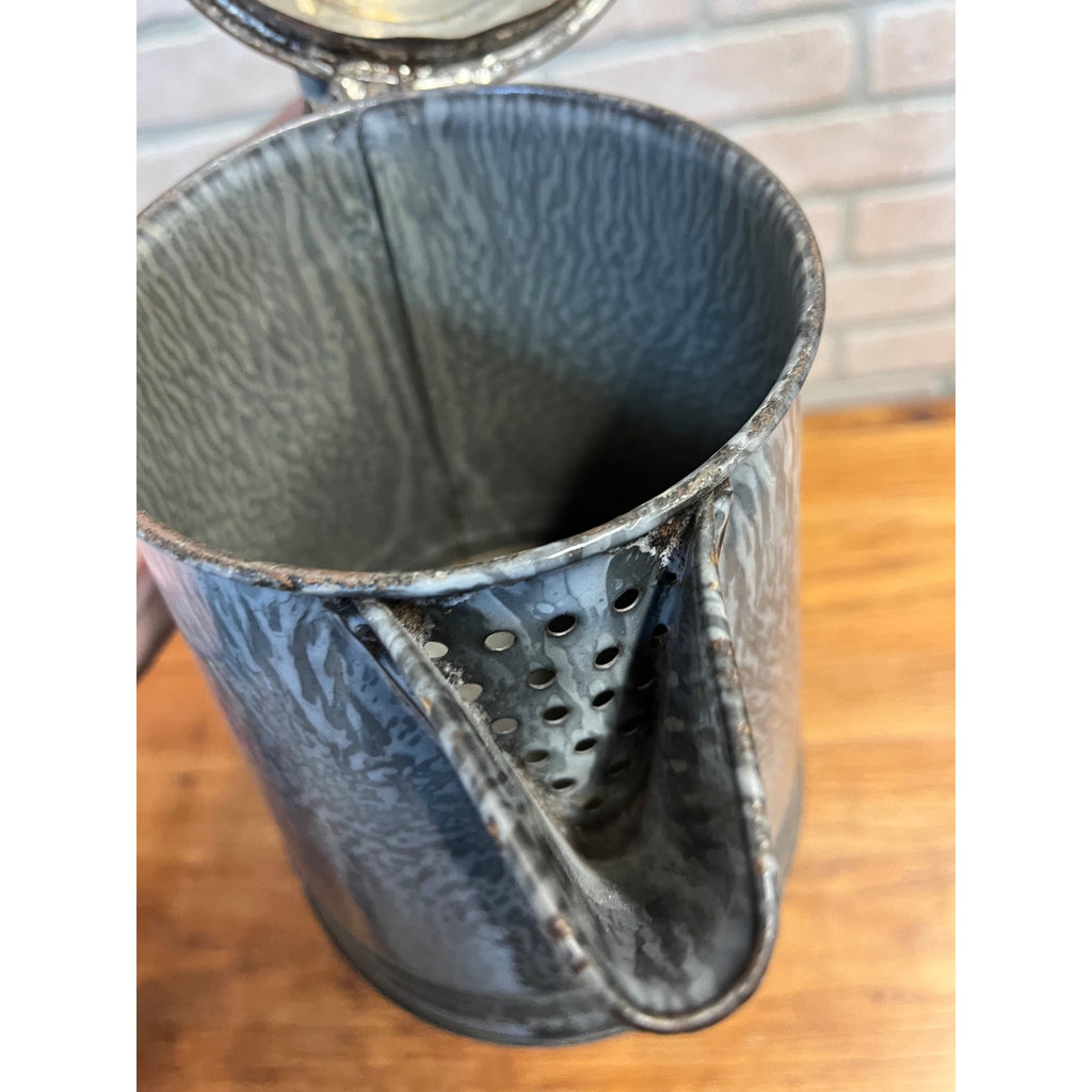 Antique Primitive Gray Enamelware Graniteware Grey Coffee Pot Lidded Farmhouse Kitchen Decor