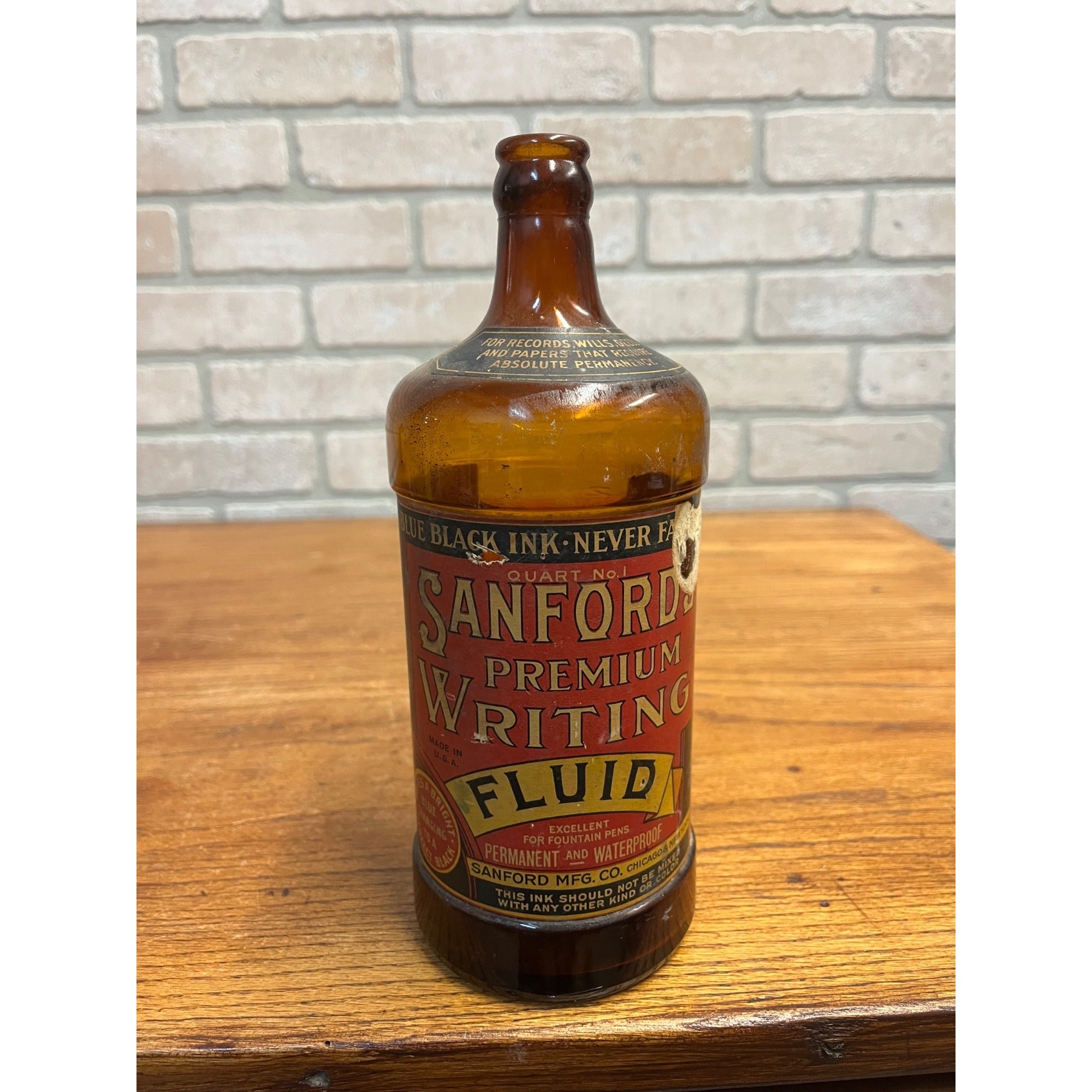 Vintage 1910s Sanford’s Premium Writing Fluid 1 Quart Ink Labeled Bottle