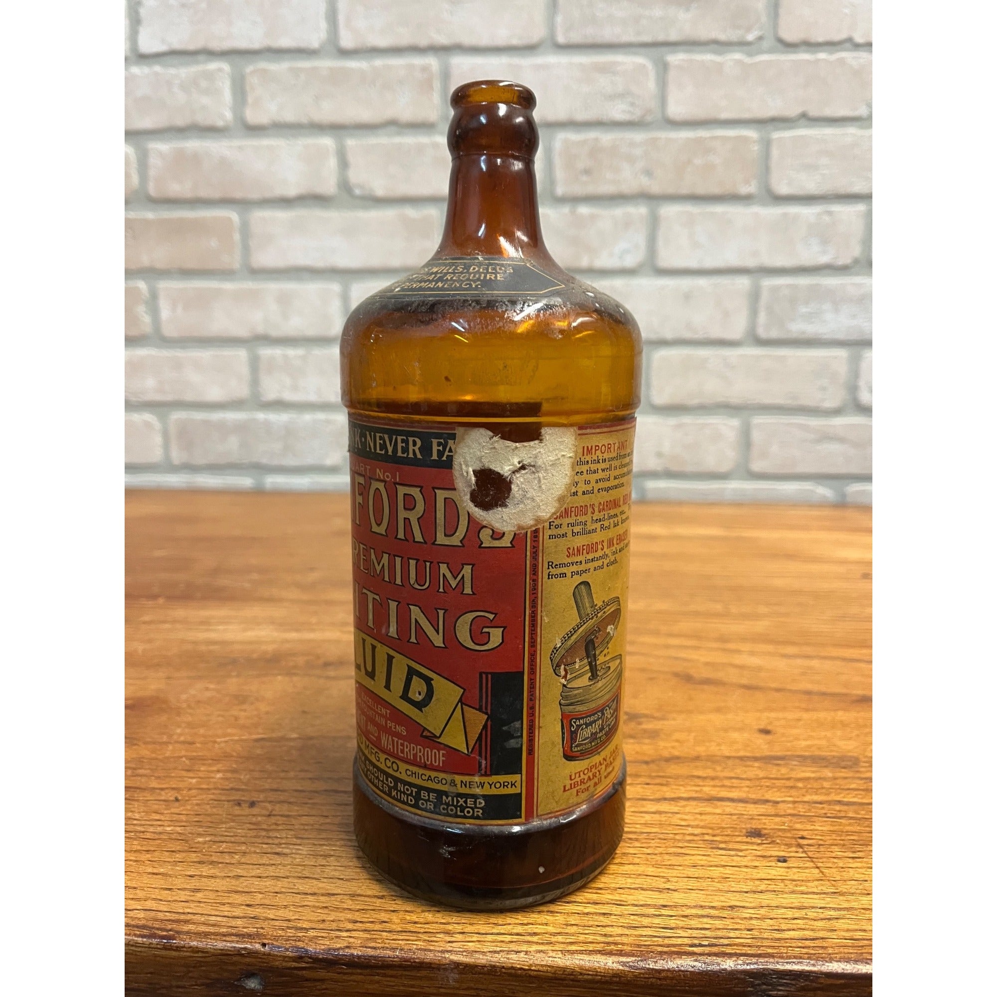 Vintage 1910s Sanford’s Premium Writing Fluid 1 Quart Ink Labeled Bottle