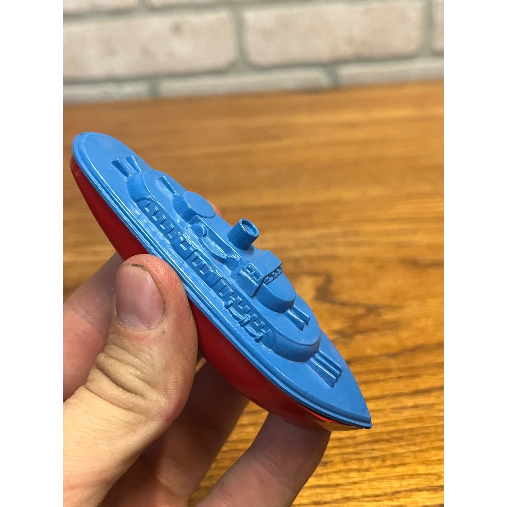 Vintage Banner Plastic Toy Tugboat Boat Blue Red Bath Toy Miniature Ship Premium