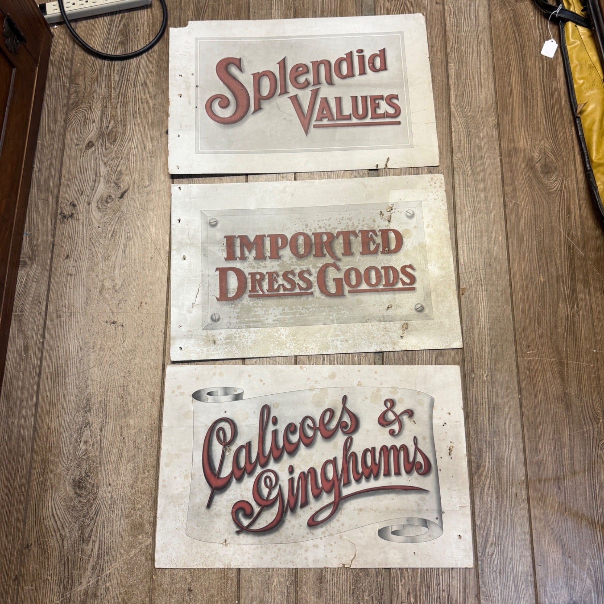 Antique Dry Goods Store Advertising Display Signs Calicos Gingham Dress Goods Lot