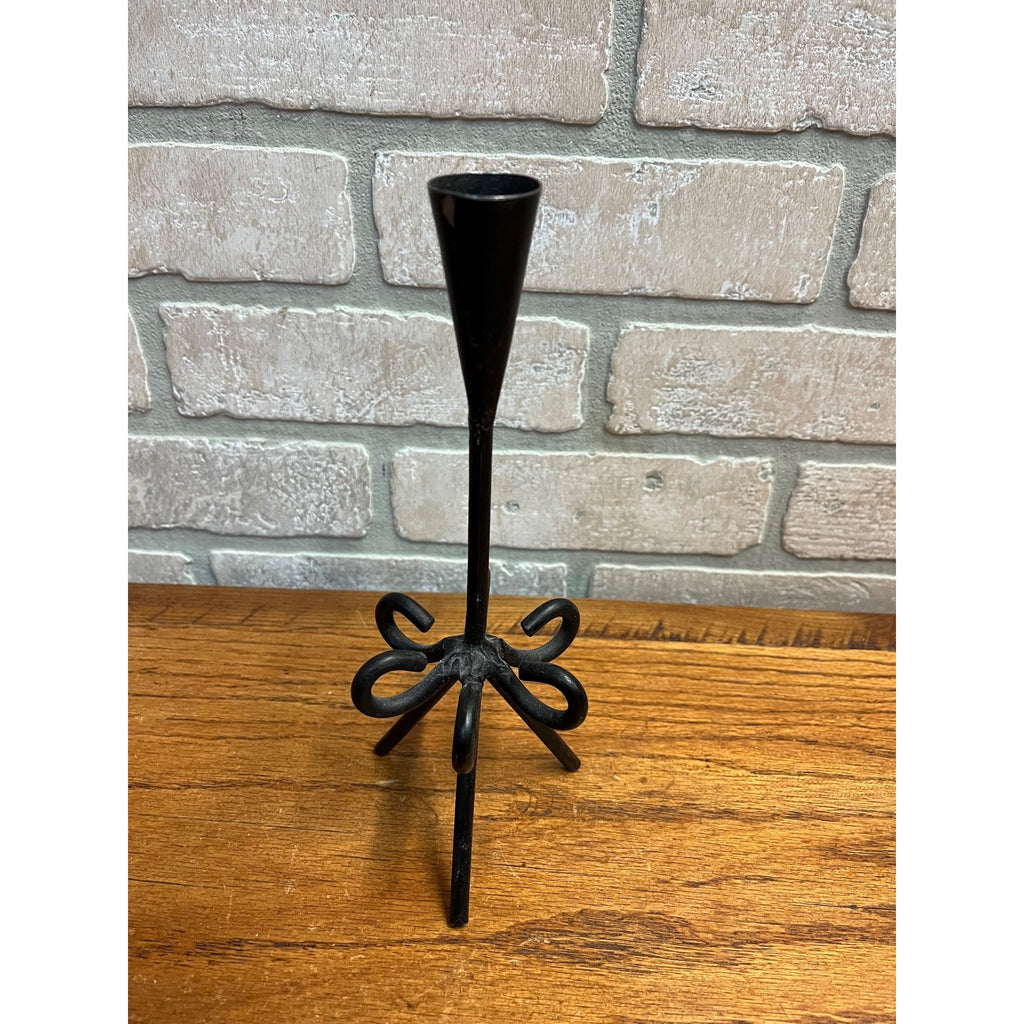 Vintage 1960s MCM Wrought Black Iron Brutalist Single Candle Holder Candlestick