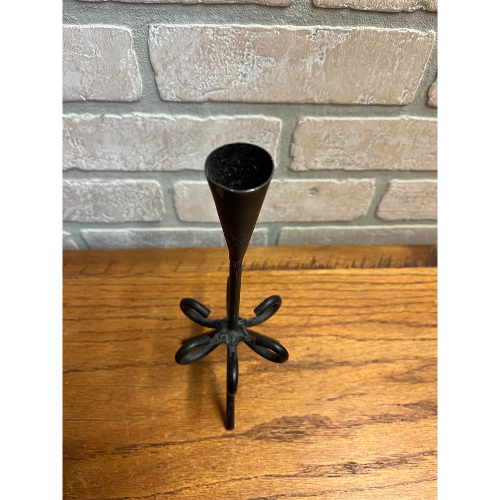 Vintage 1960s MCM Wrought Black Iron Brutalist Single Candle Holder Candlestick