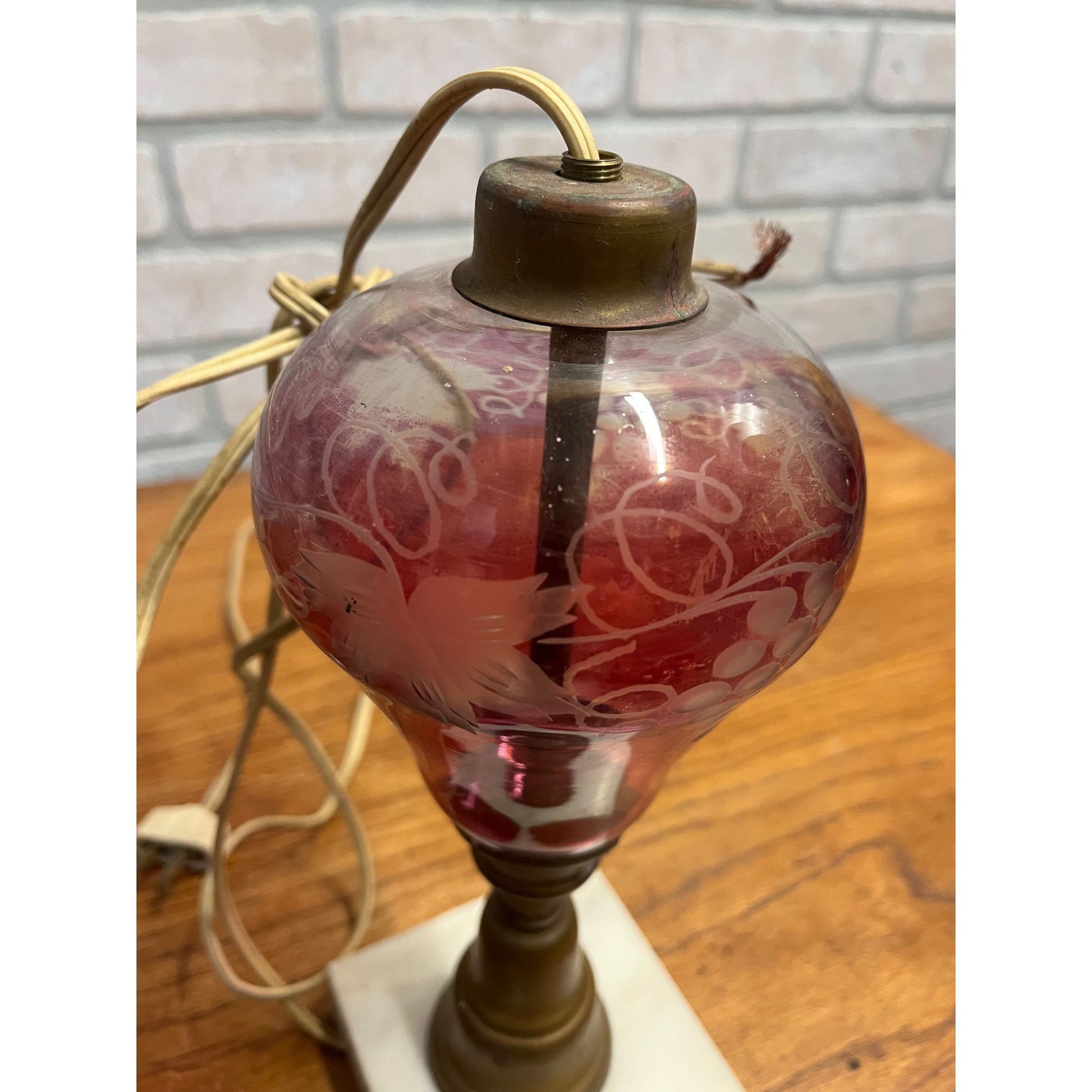 Vintage Ruby Red Cranberry Etched Bohemian Cut to Clear Glass Lamp Parts