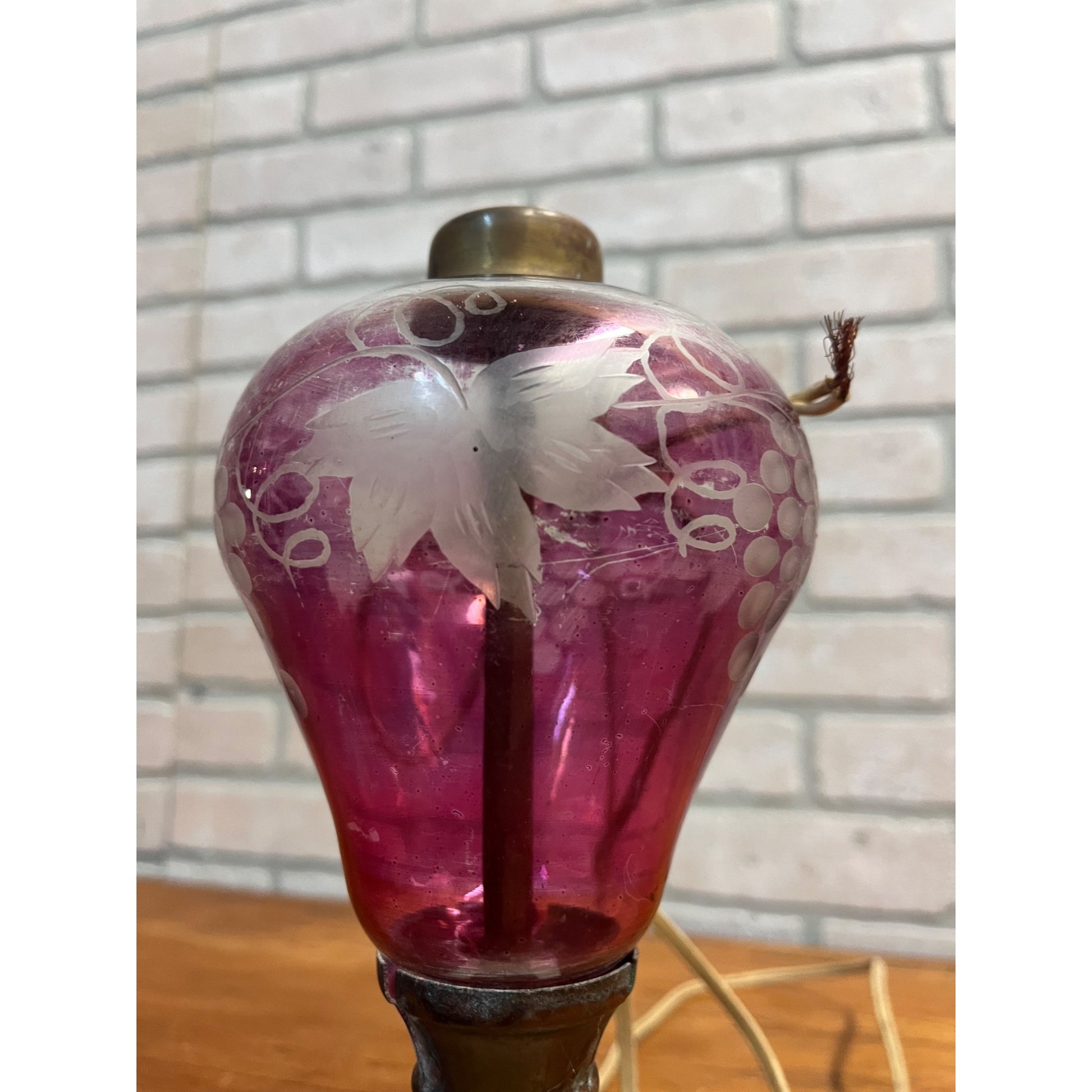 Vintage Ruby Red Cranberry Etched Bohemian Cut to Clear Glass Lamp Parts