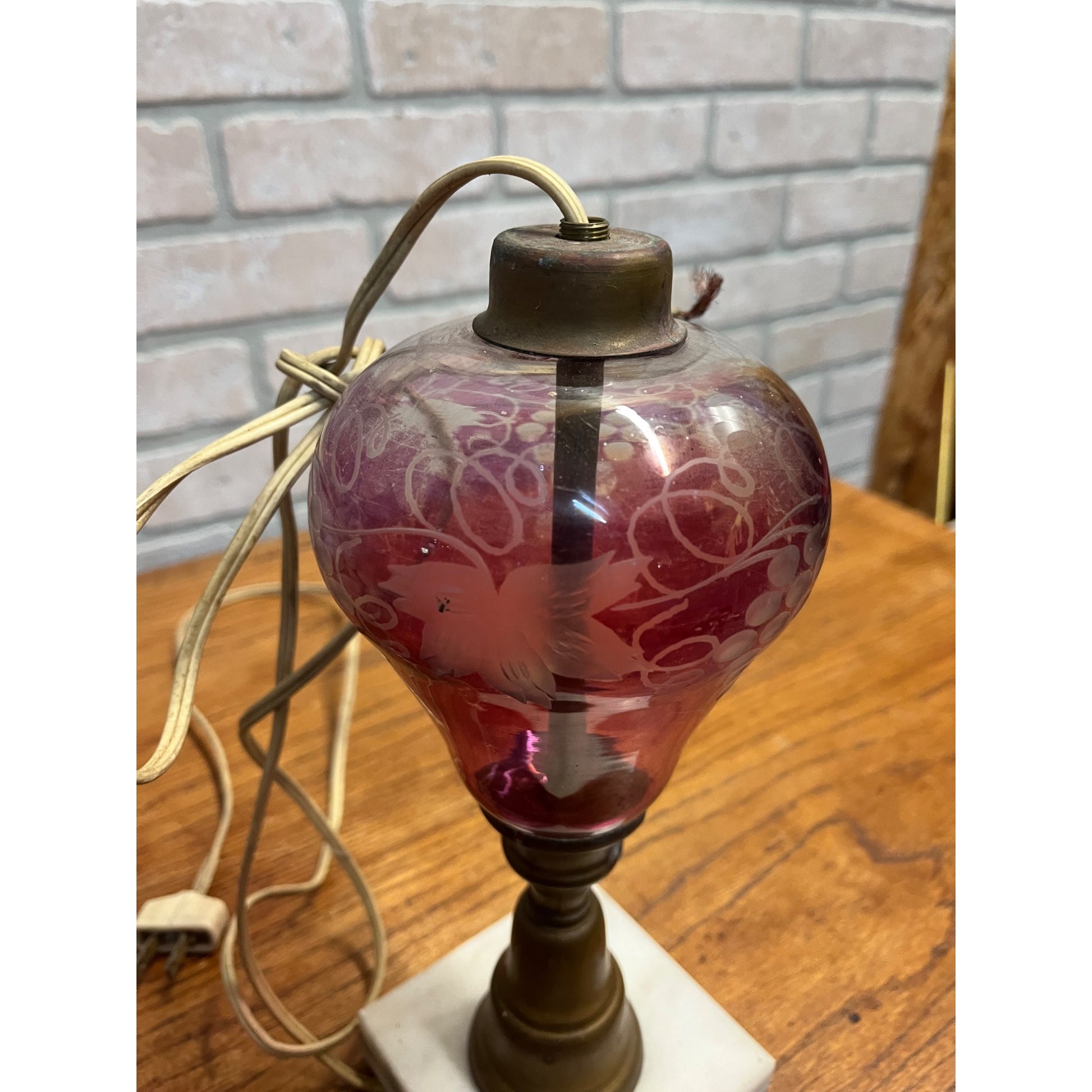 Vintage Ruby Red Cranberry Etched Bohemian Cut to Clear Glass Lamp Parts