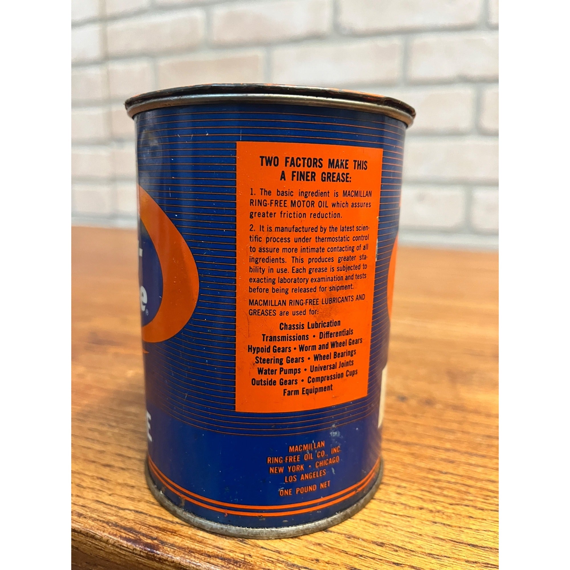 Vintage Macmillan Ring-Free Grease Can 1lb Garage Gas Auto Advertising