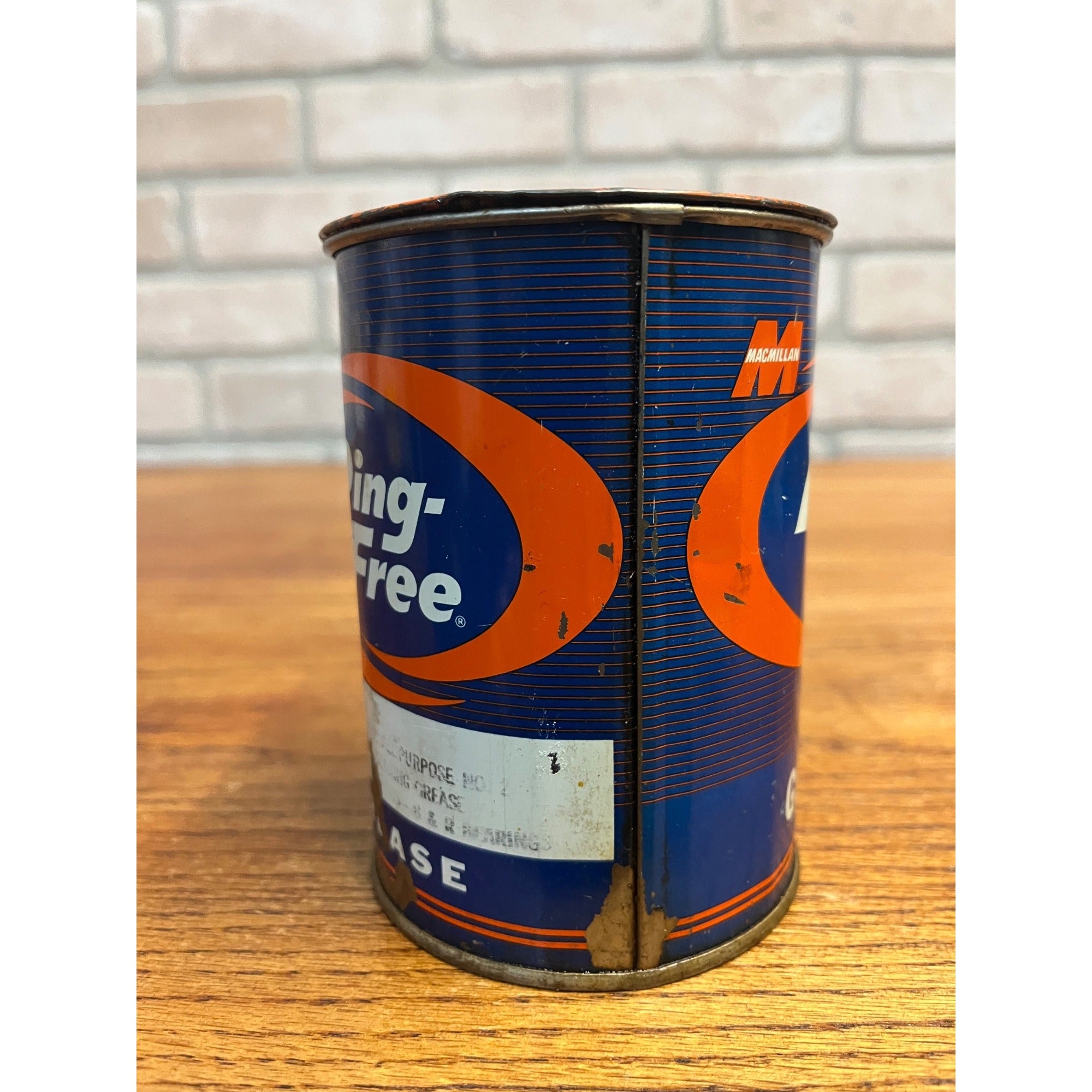 Vintage Macmillan Ring-Free Grease Can 1lb Garage Gas Auto Advertising