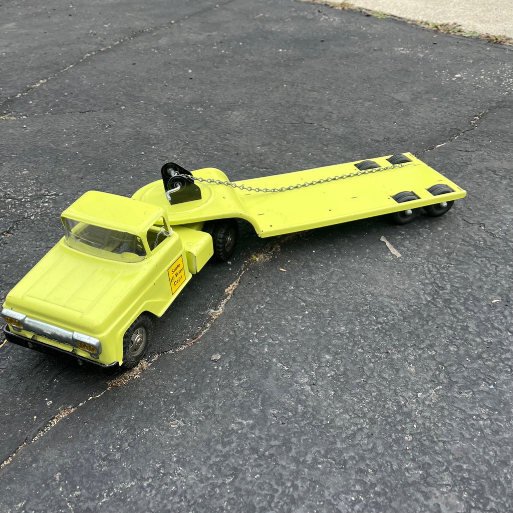 Vintage 1950s Tonka State Hi-Way Lime Green Lowboy Trailer Pressed Steel Toy