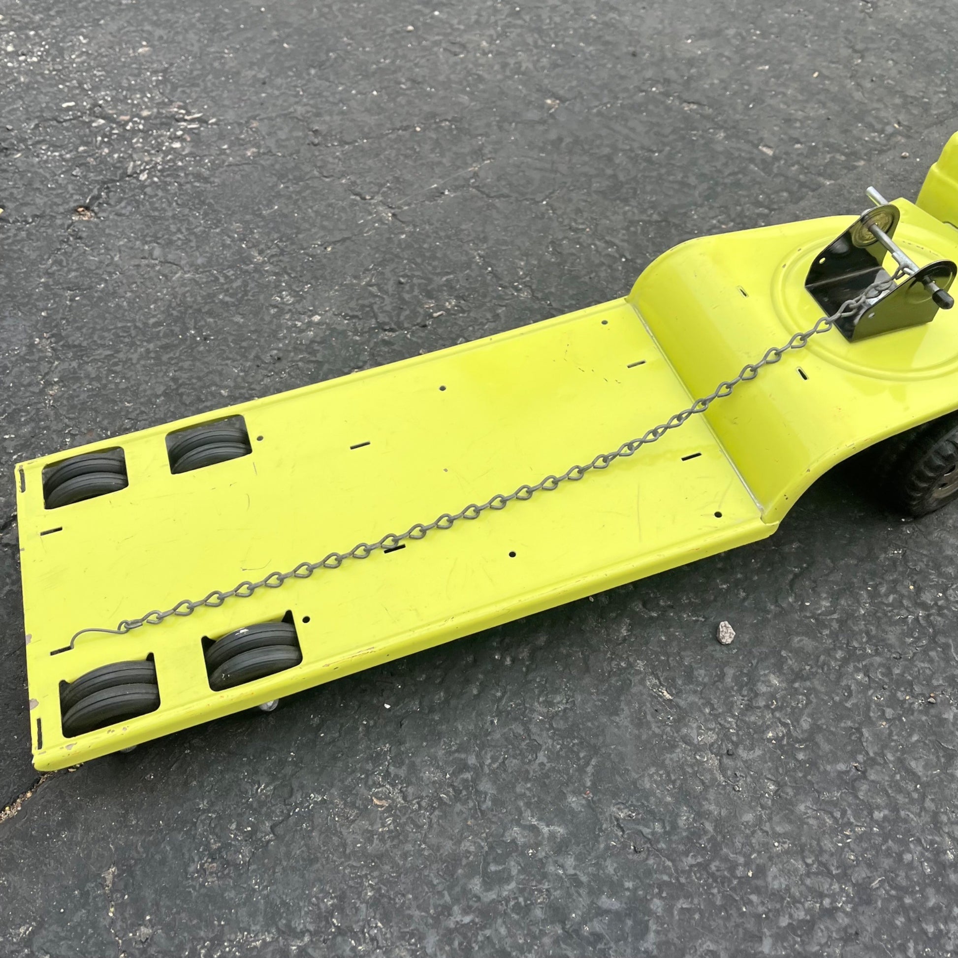 Vintage 1950s Tonka State Hi-Way Lime Green Lowboy Trailer Pressed Steel Toy