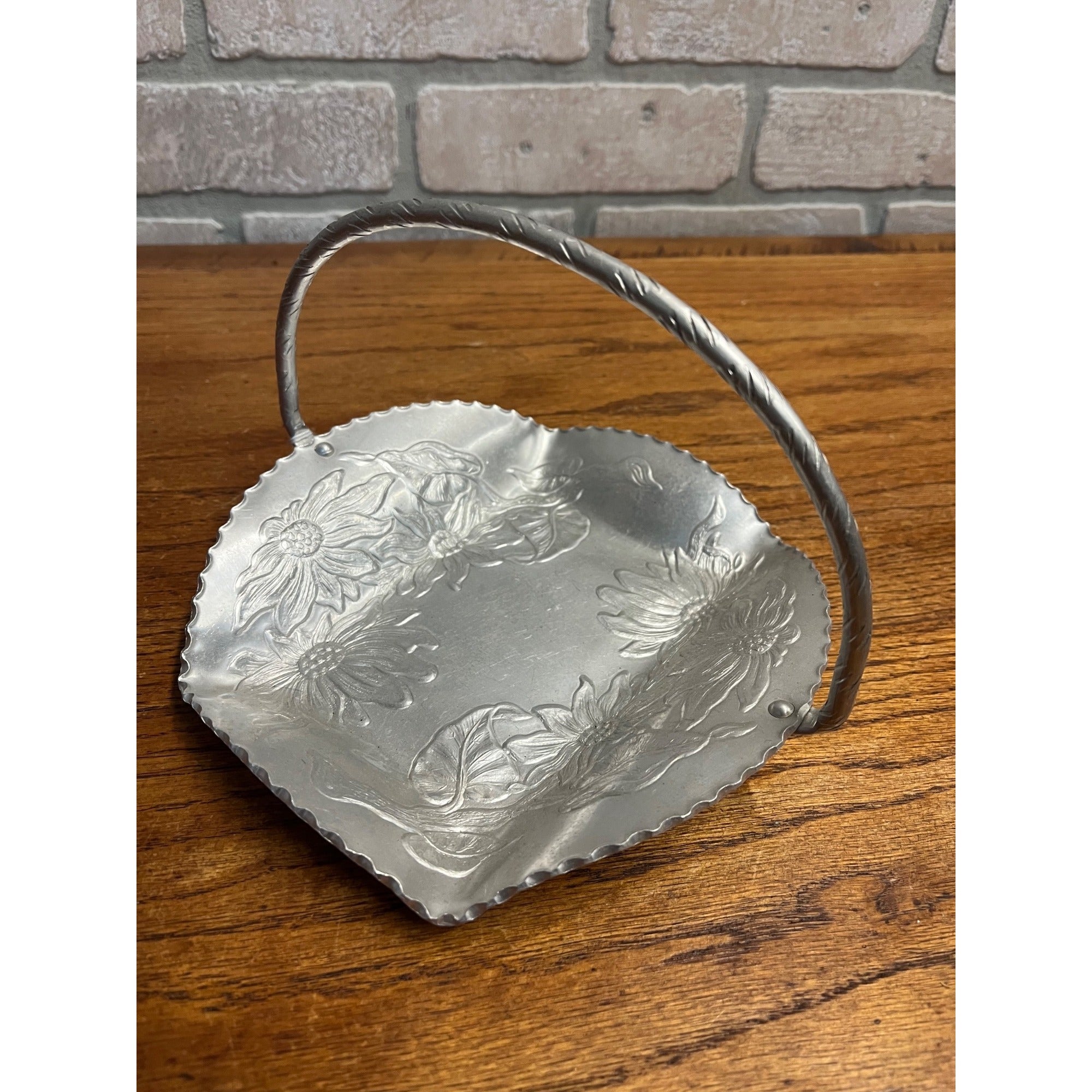 Vintage Mid Century Aluminum Dresser Decorative Tray Basket w/ Flowers Wedding Decor