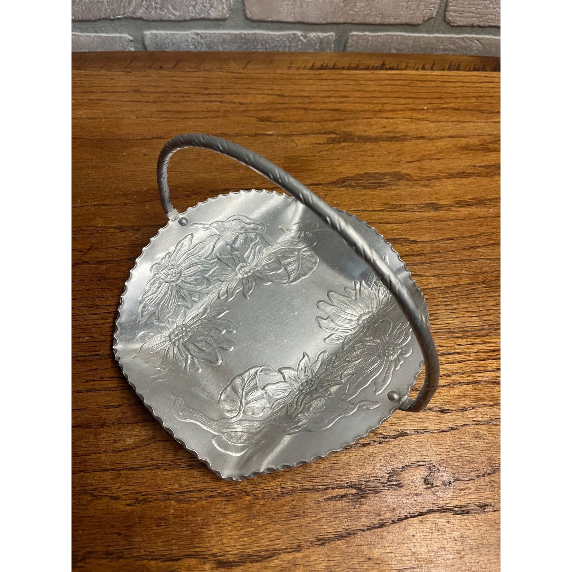 Vintage Mid Century Aluminum Dresser Decorative Tray Basket w/ Flowers Wedding Decor