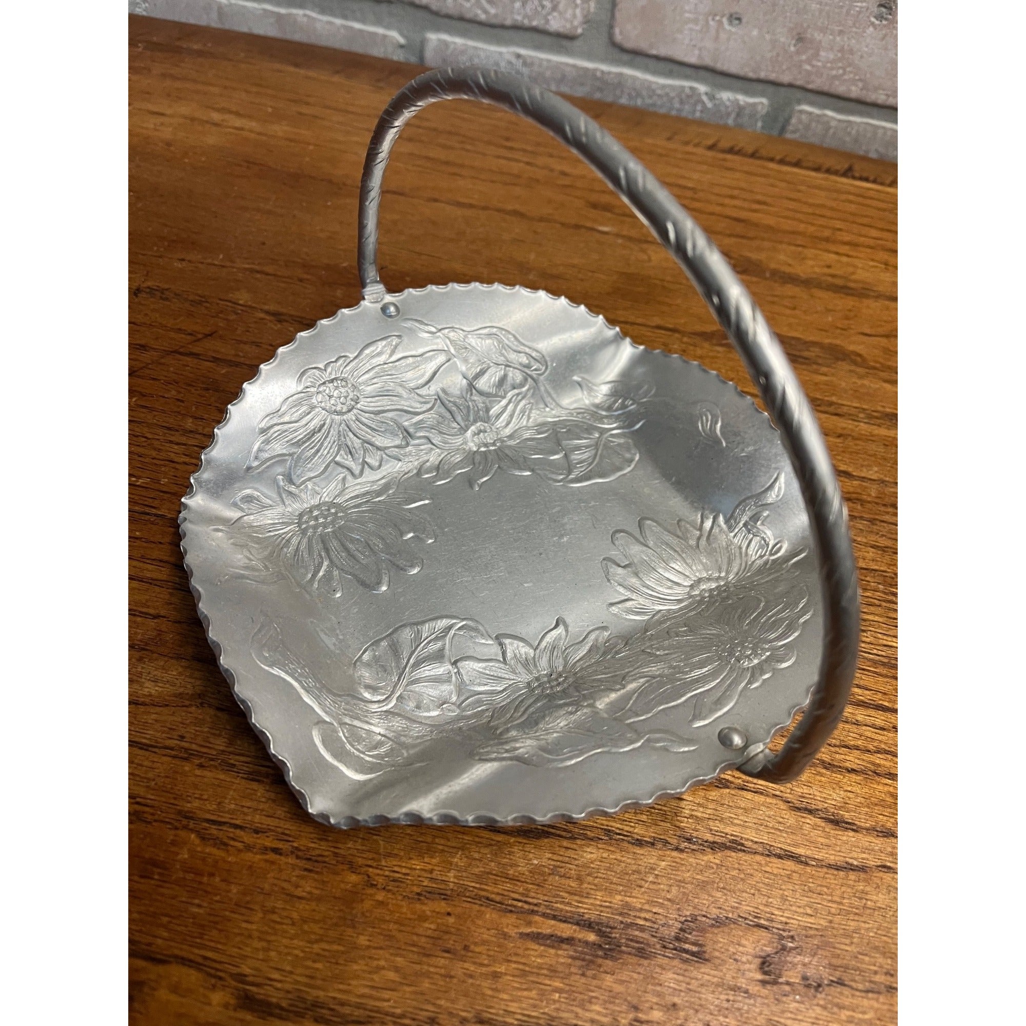 Vintage Mid Century Aluminum Dresser Decorative Tray Basket w/ Flowers Wedding Decor