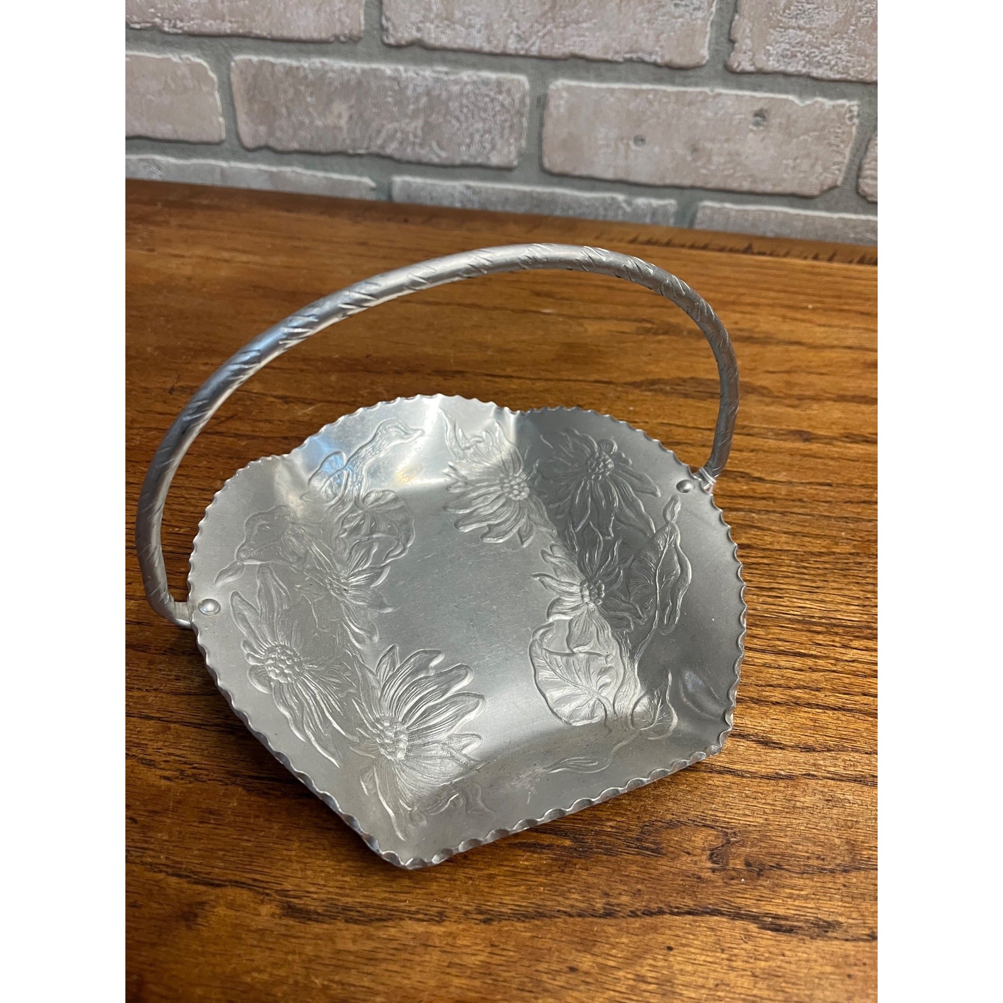 Vintage Mid Century Aluminum Dresser Decorative Tray Basket w/ Flowers Wedding Decor