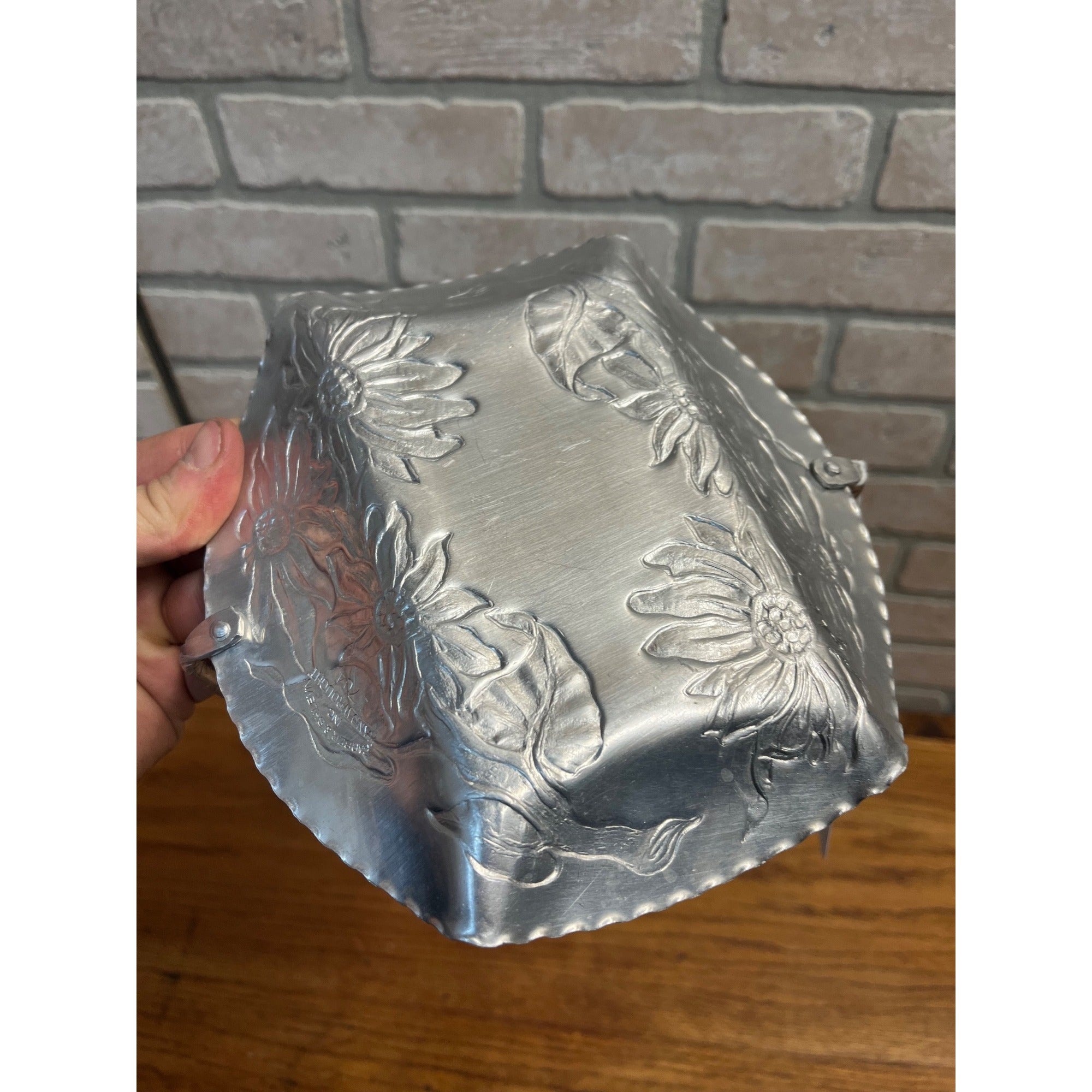 Vintage Mid Century Aluminum Dresser Decorative Tray Basket w/ Flowers Wedding Decor