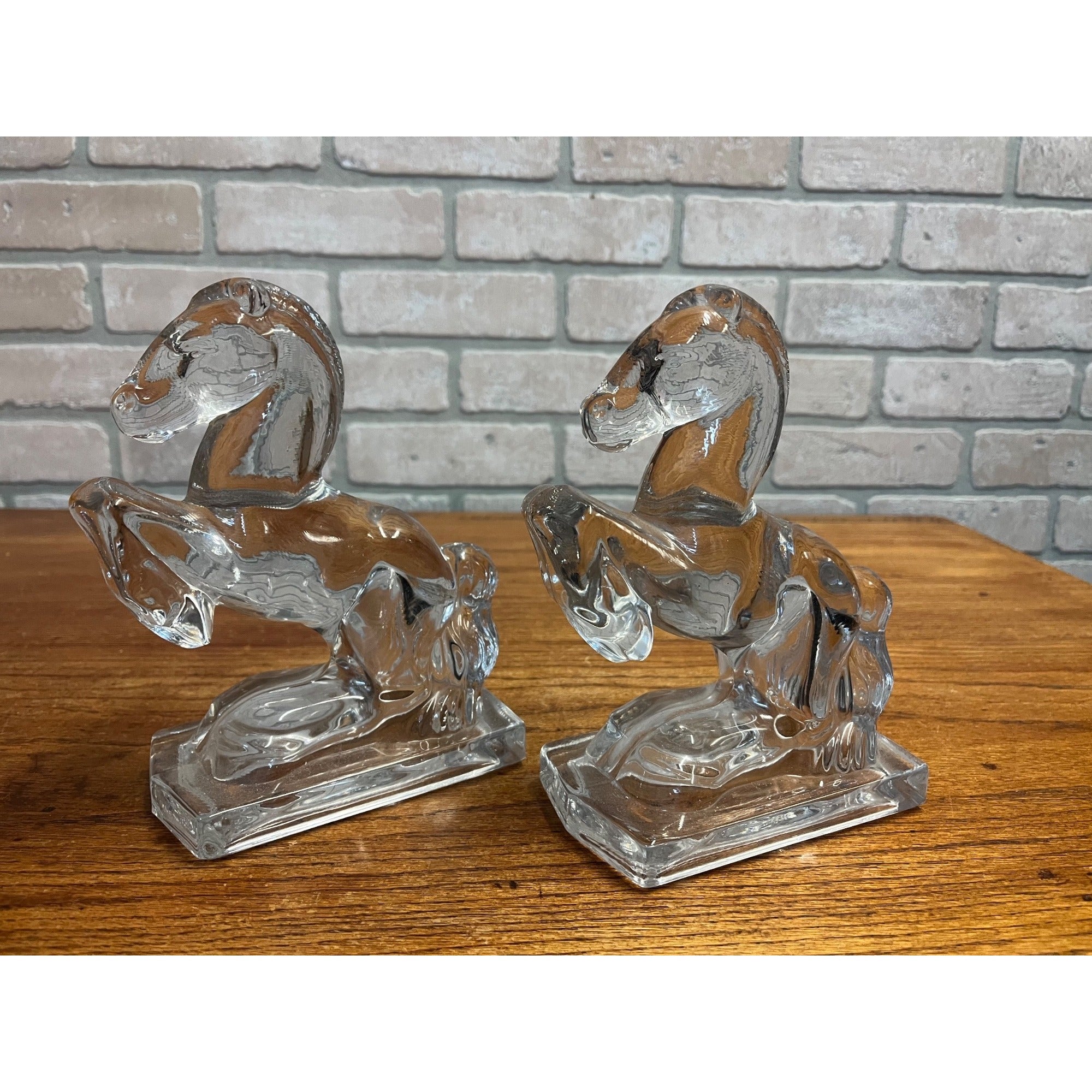 Pair Vintage Clear Art Glass Rearing Horse Stallion Bookends Figurines Decor MCM Mid-Century
