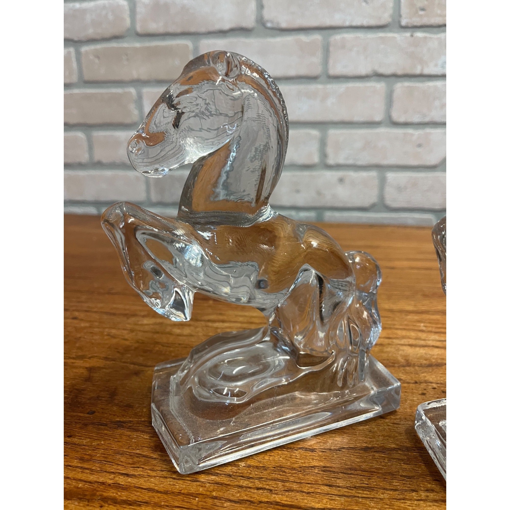 Pair Vintage Clear Art Glass Rearing Horse Stallion Bookends Figurines Decor MCM Mid-Century